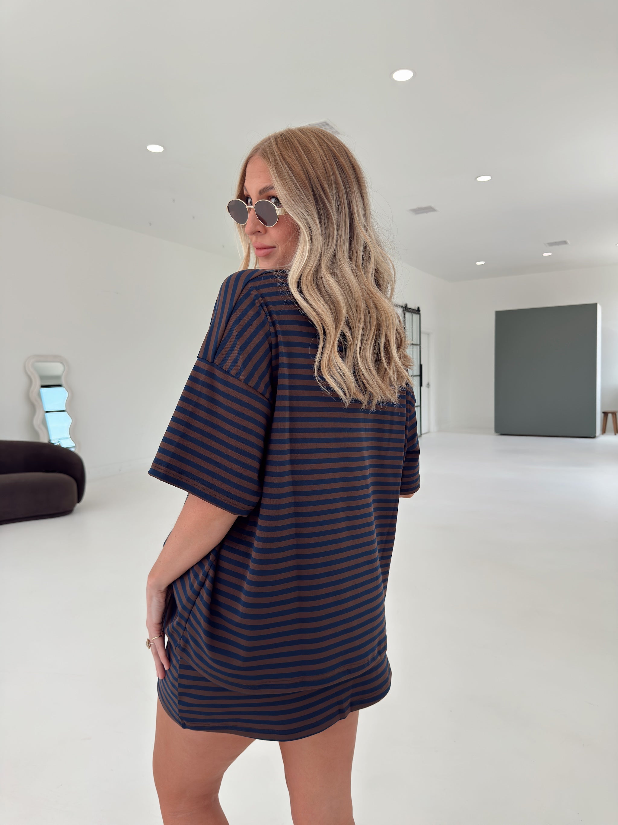 Pre-Order Weekender Stripe Skort - Brown/Navy (restock eta 8/30)