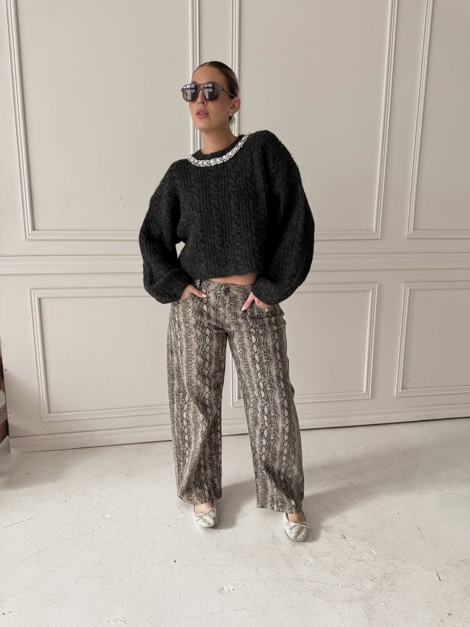 Endless Rose Jewel Embroidered Cable Knit Sweater