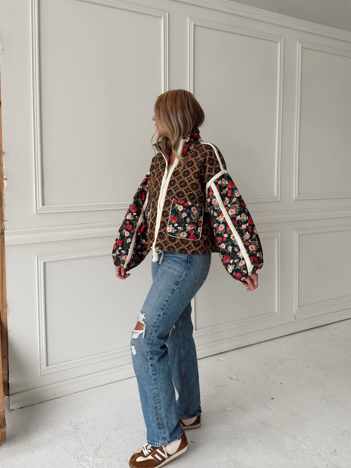 Quinn Quilted Bomber Jacket in Brown