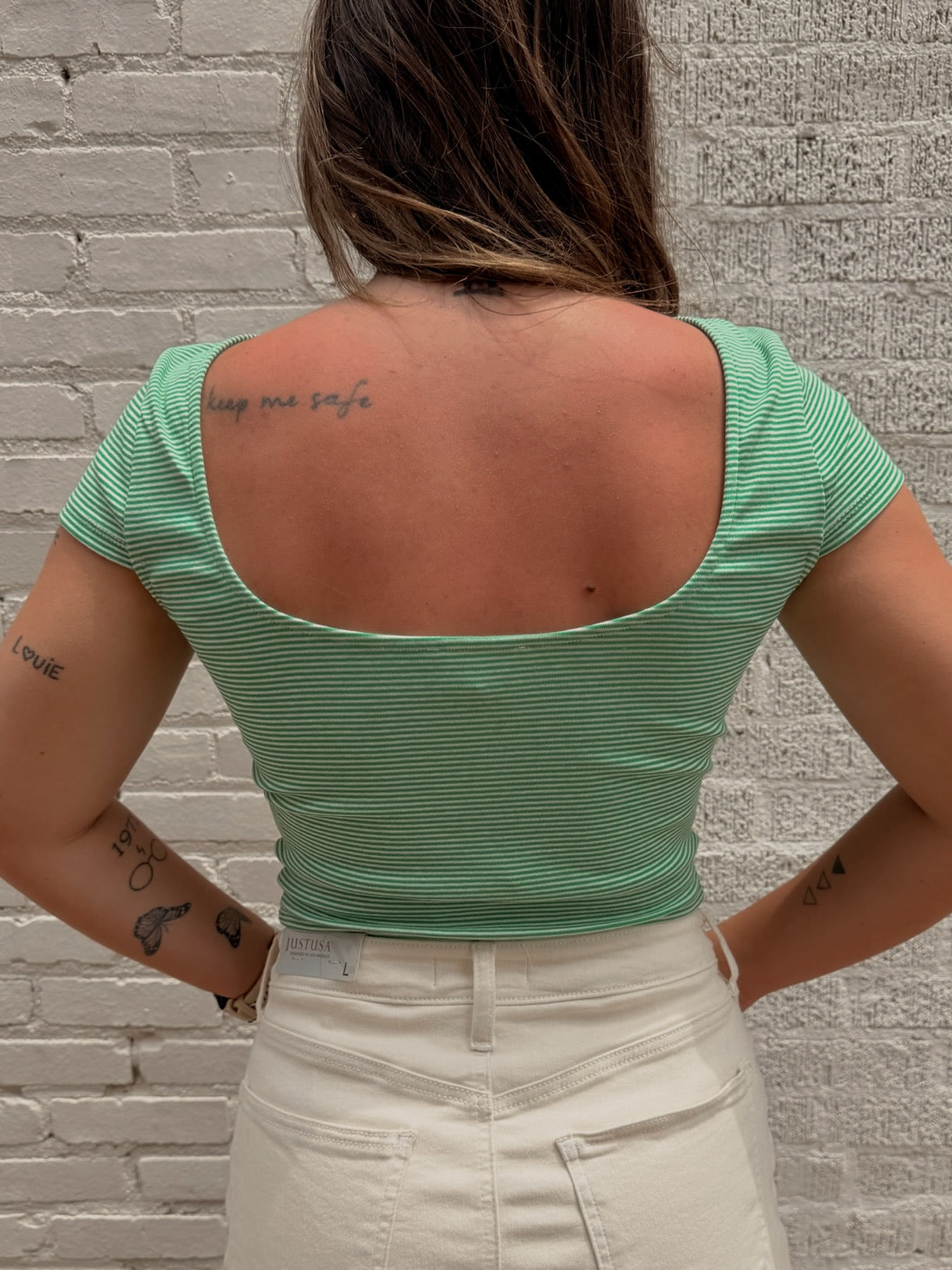 Green Stripe Scoop Back Top