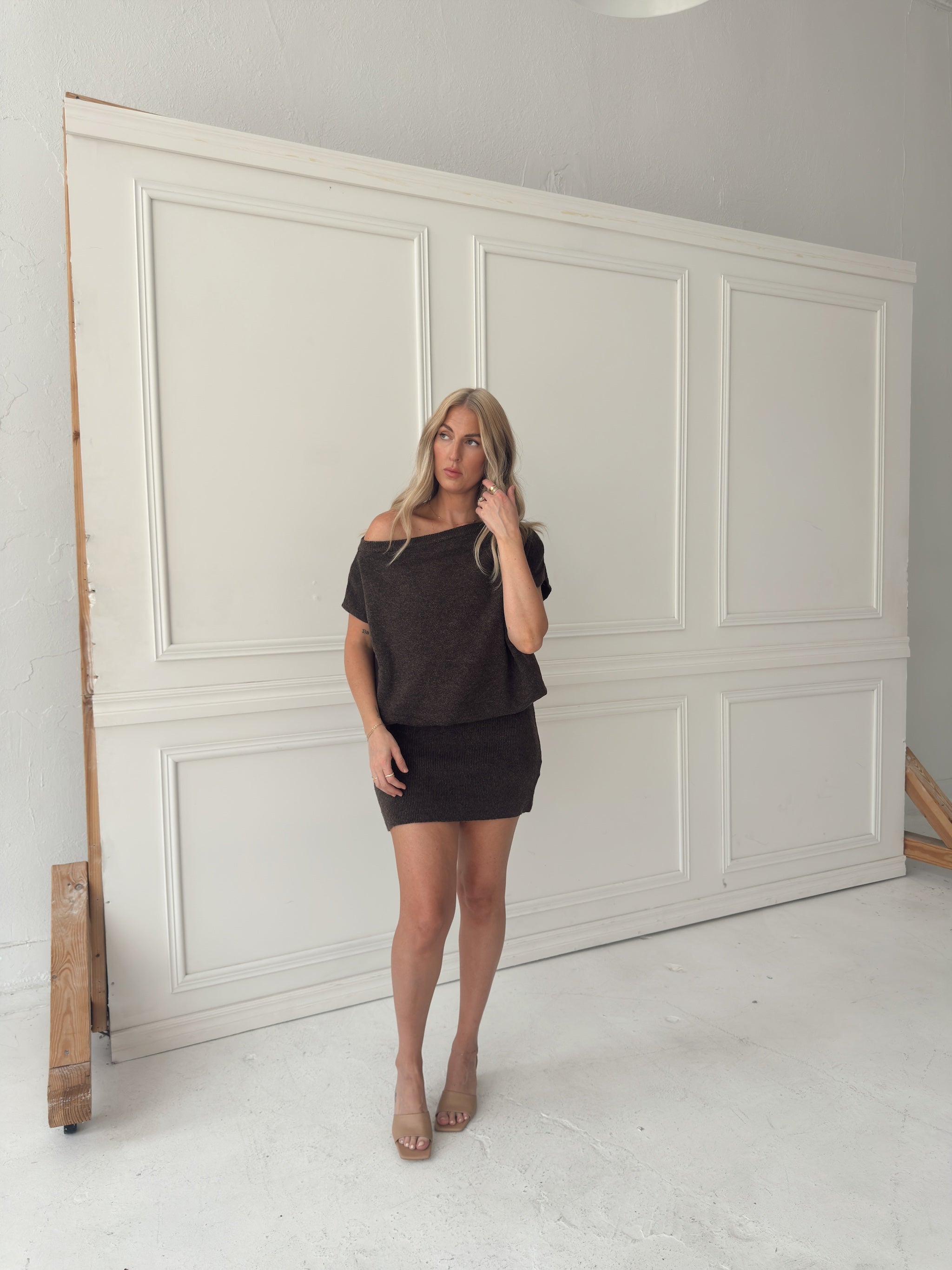 Lauren Off Shoulder Drop Waist Sweater Dress - Brown