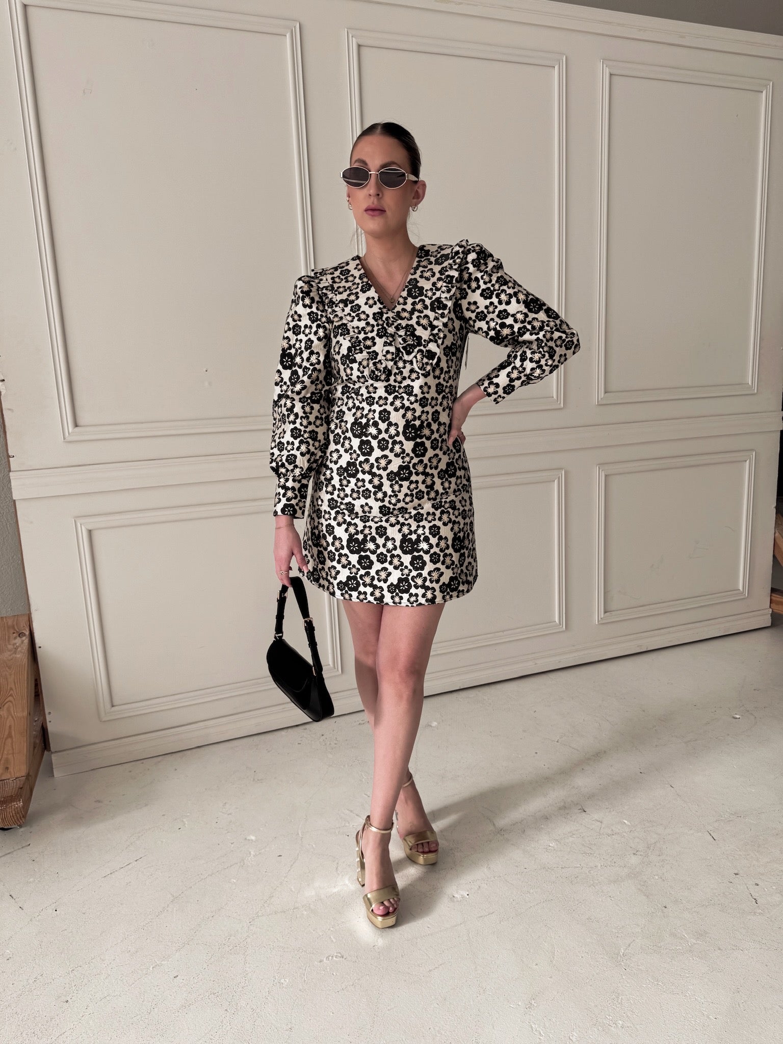 Meet Me in Santorini Black Jacquard Collared Dress