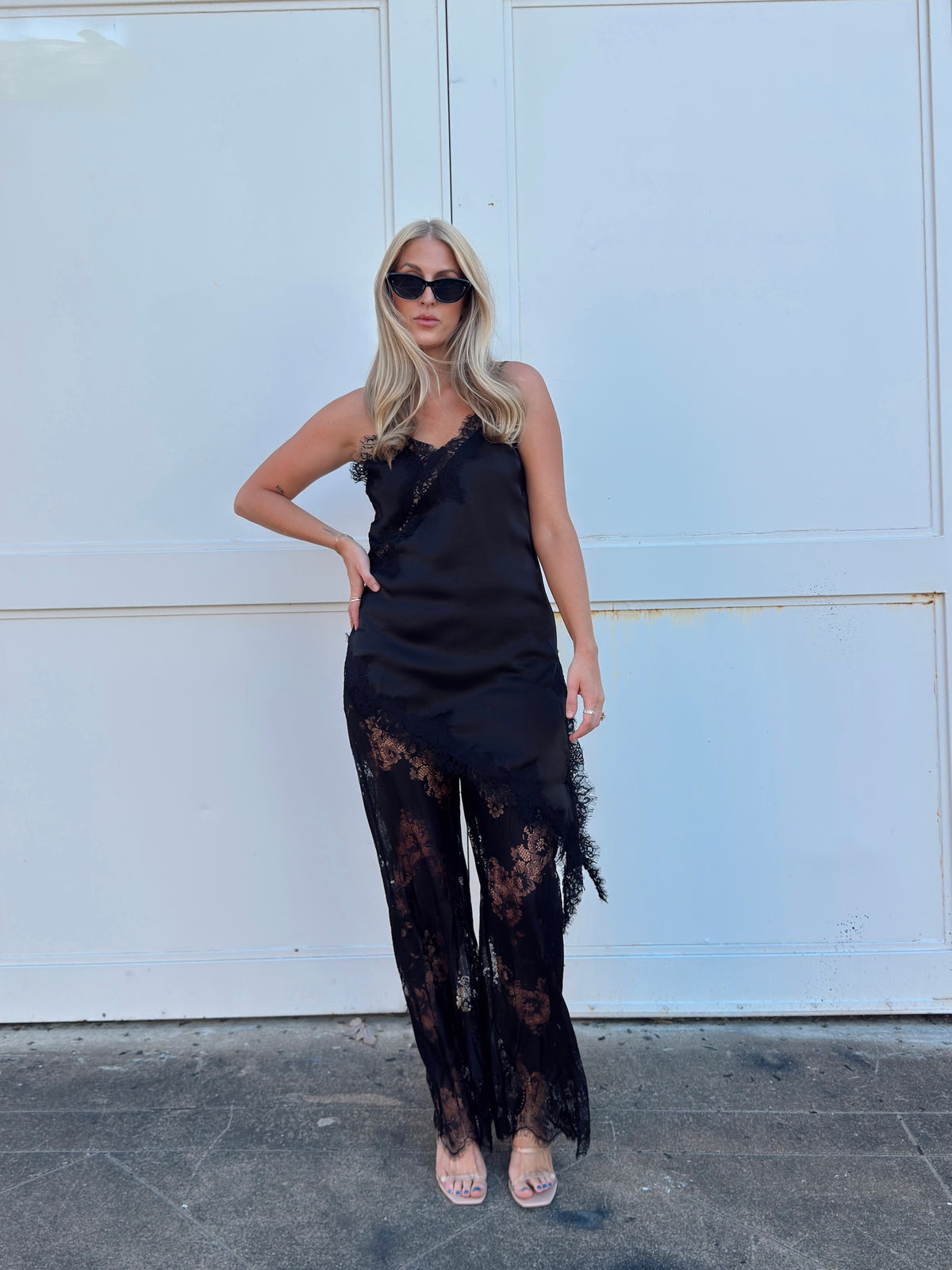 Maia Satin Lace Trim Set - Black