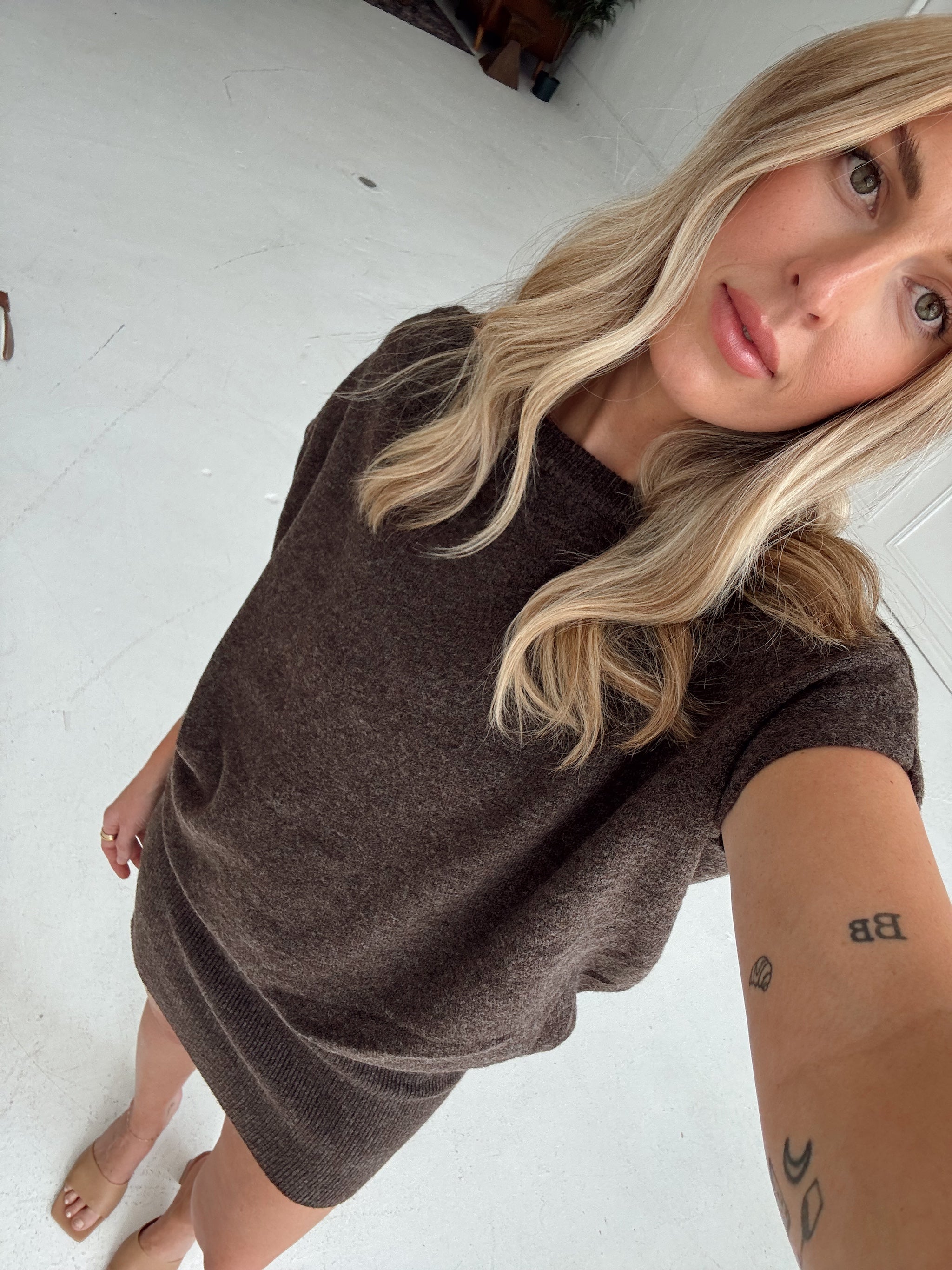 Lauren Off Shoulder Drop Waist Sweater Dress - Brown