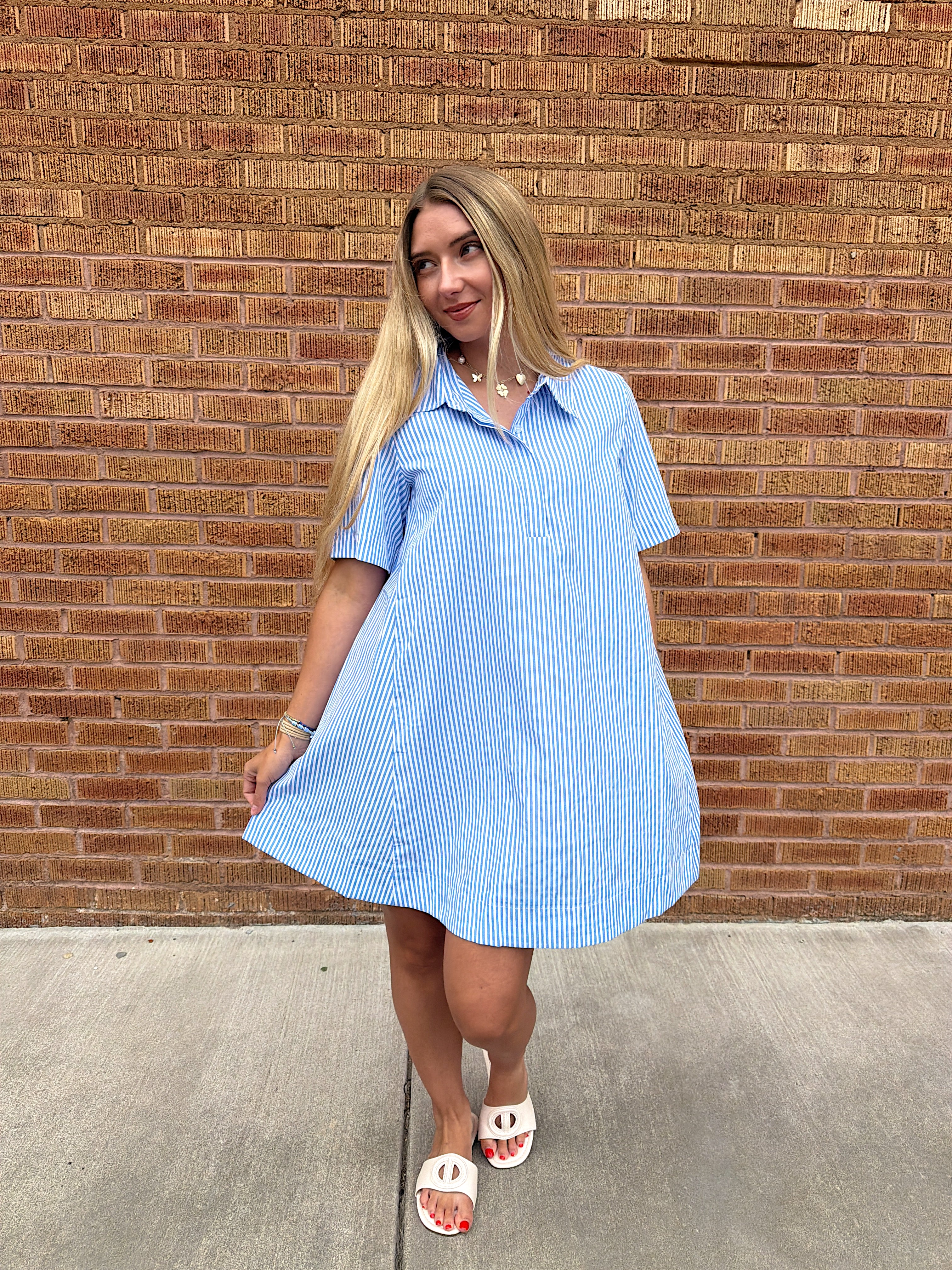 Alyssa A-Line Striped Shirt Dress - Blue Ivory
