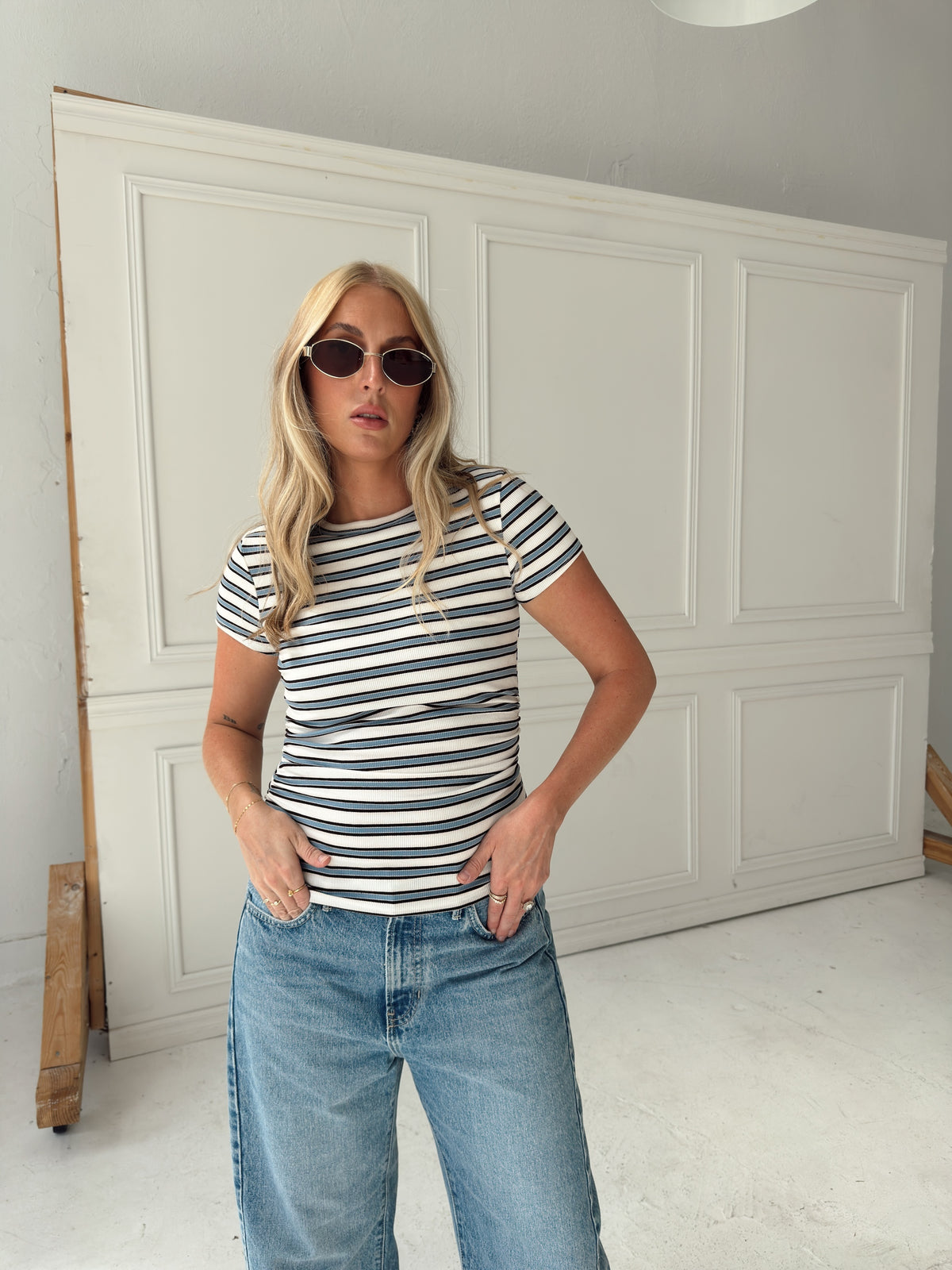 Sophia Stripe Ruched Short Sleeve Top