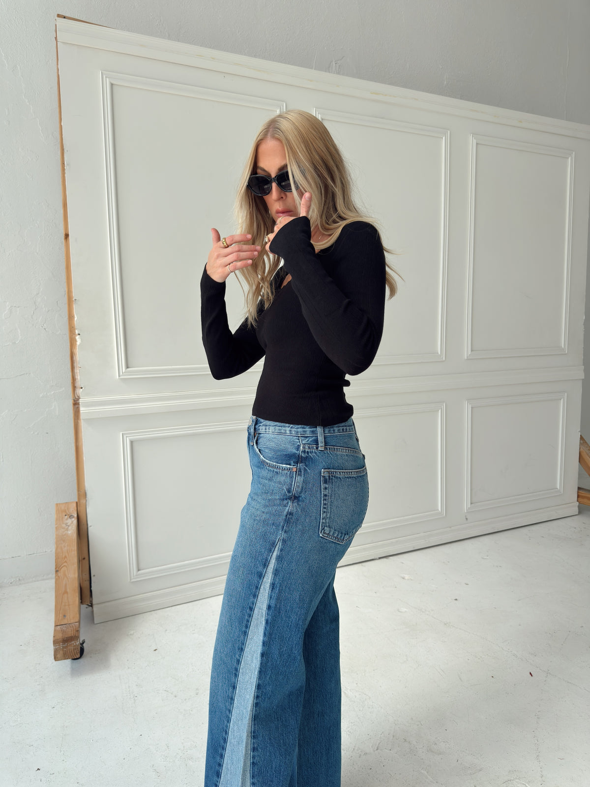 Presley Pointelle Rib Knit Sweater - Black
