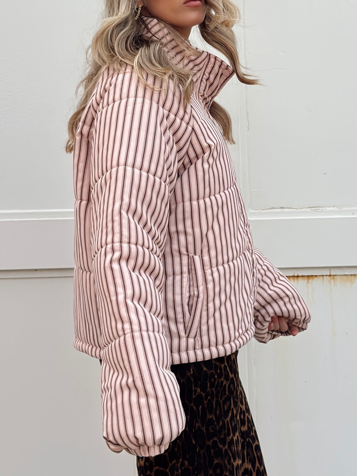 Brown and Blush Striped Puffer Jacket