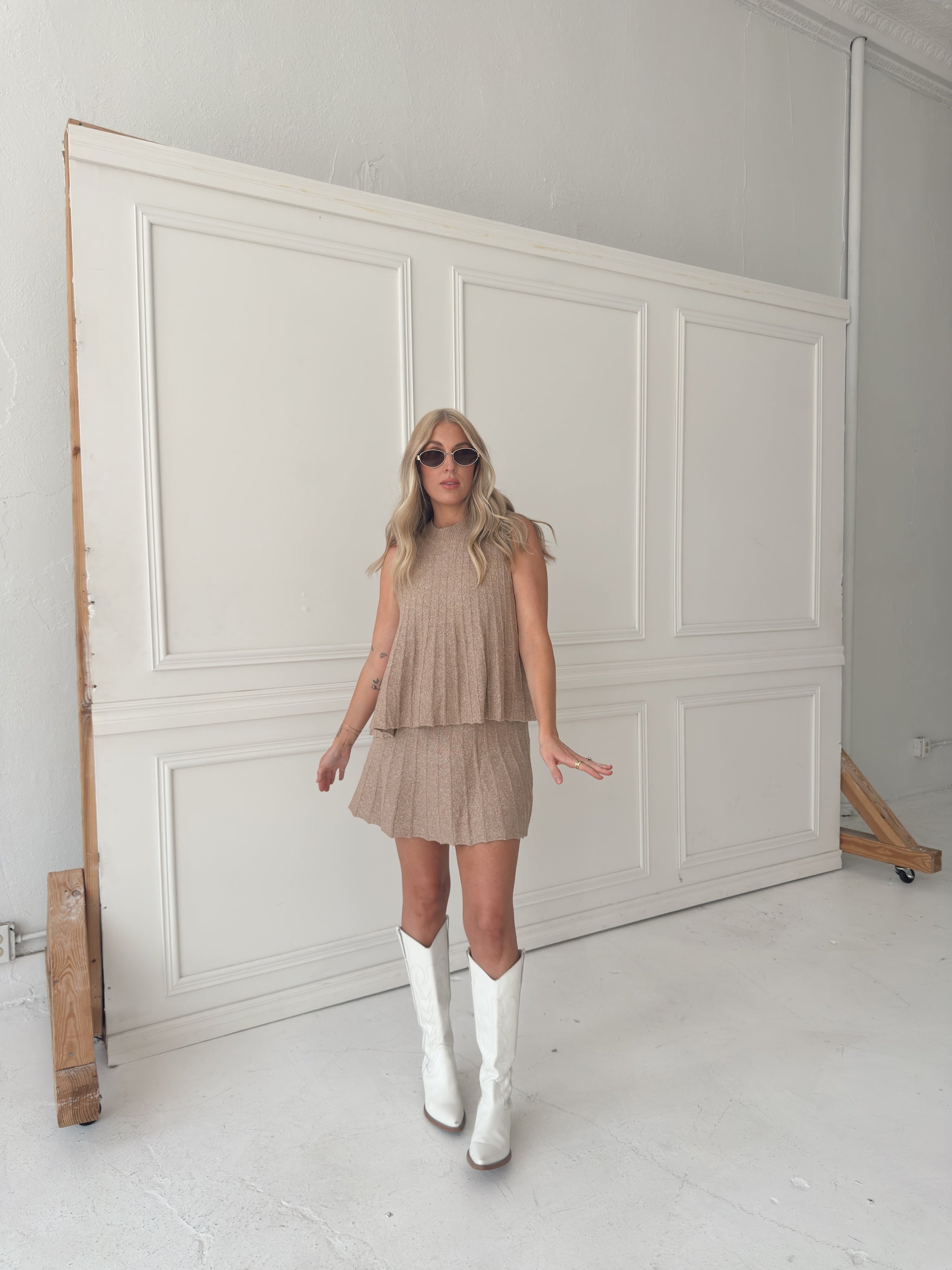 Rylan Ribbed Sweater A-line Mini Skirt With Flared Hem - Mocha