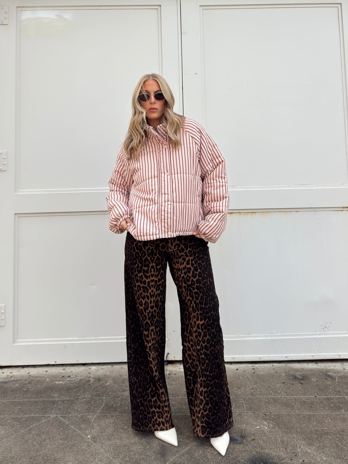 Brown and Blush Striped Puffer Jacket