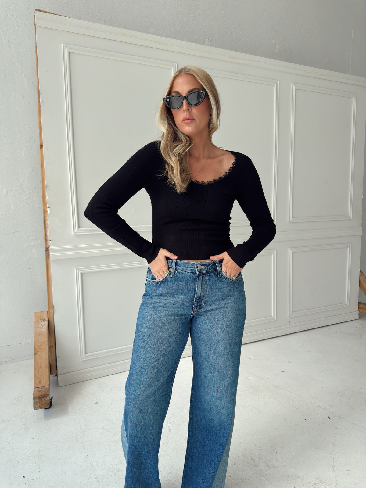 Presley Pointelle Rib Knit Sweater - Black