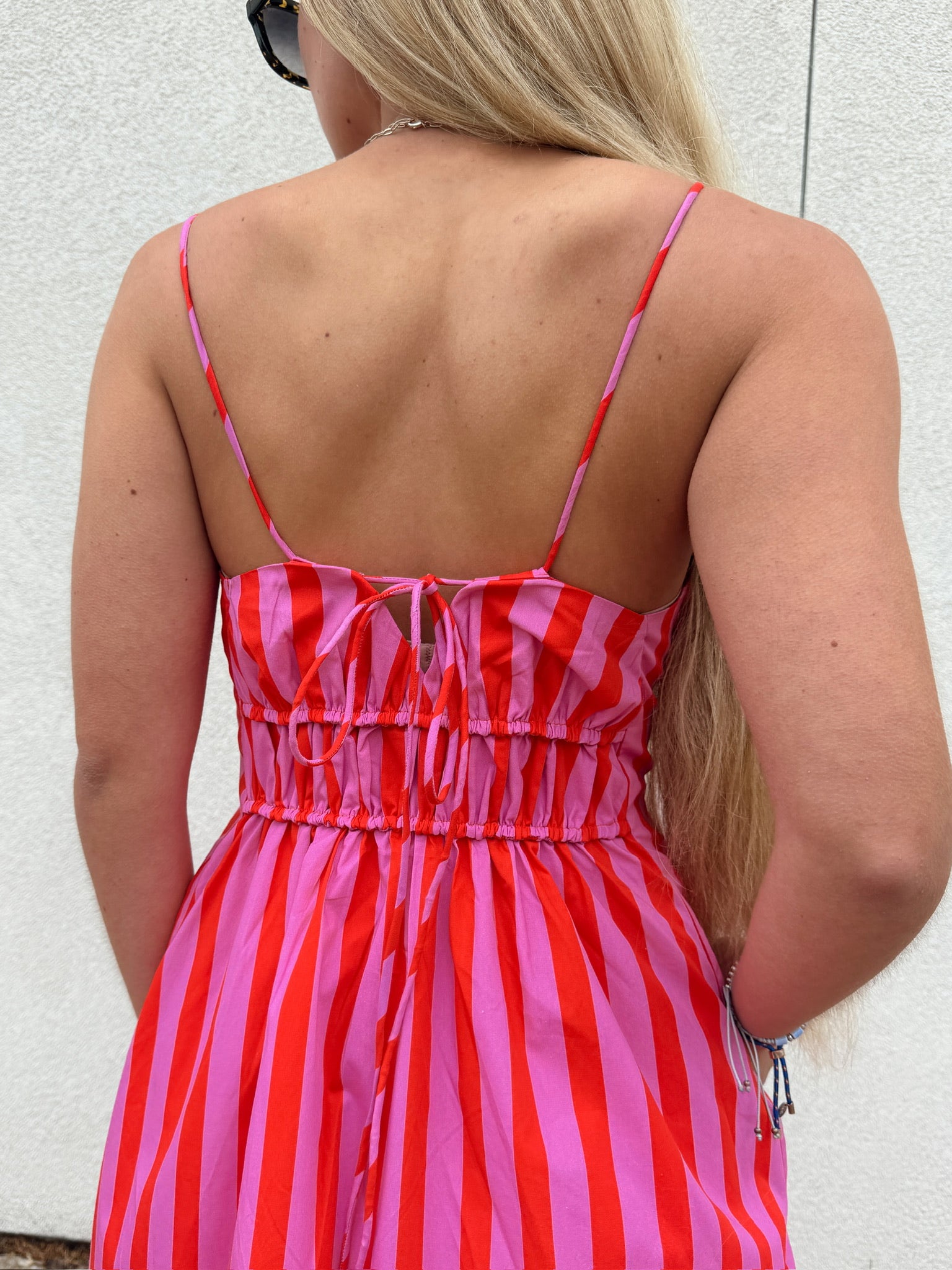 English Factory Striped Smocked Waist Midi Dress - Pink/Red