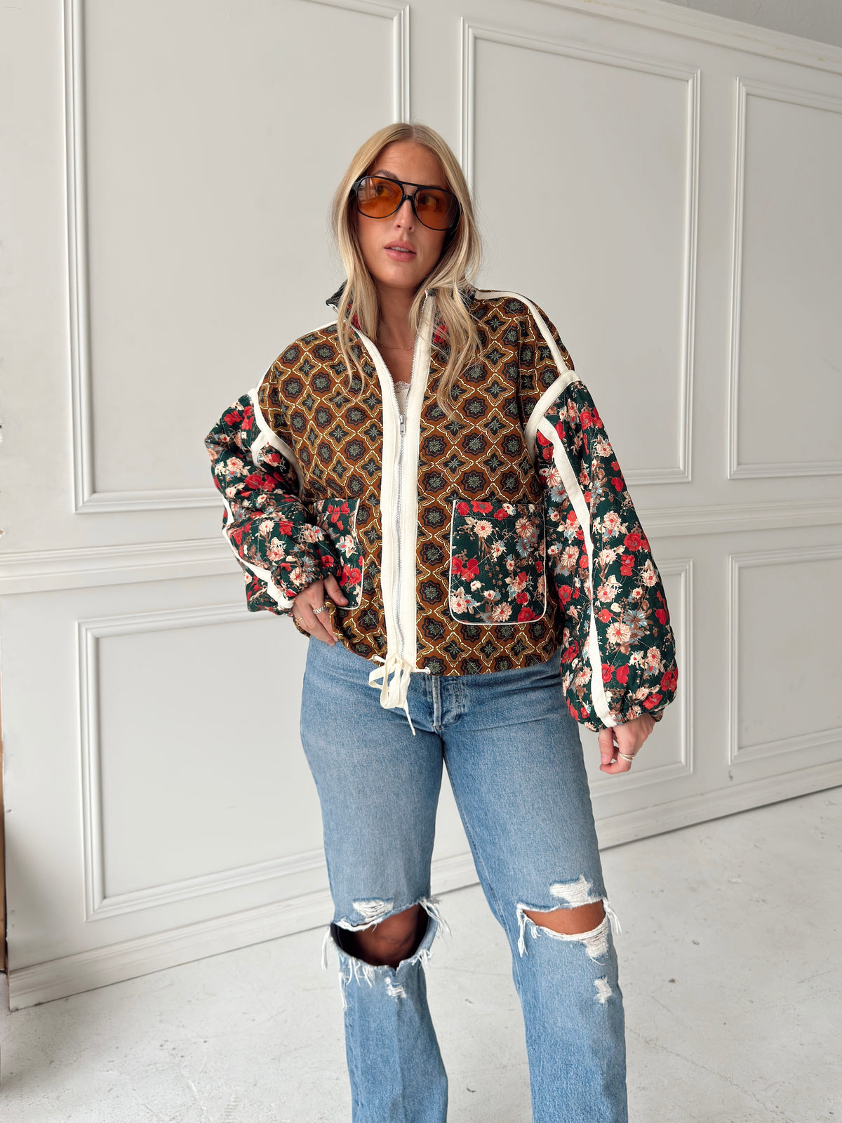 Quinn Quilted Bomber Jacket in Brown