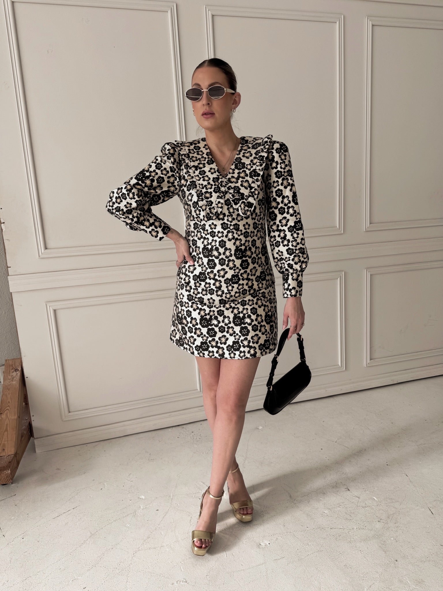 Meet Me in Santorini Black Jacquard Collared Dress