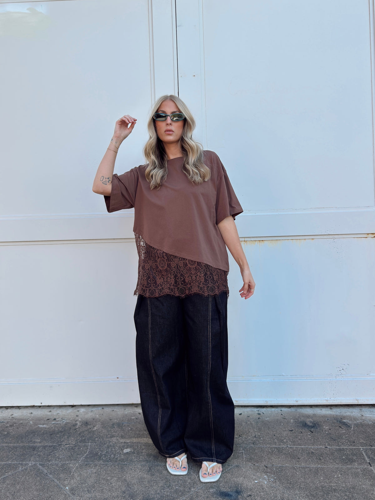 Jacqueline Lace Asymmetrical Tee - Brown