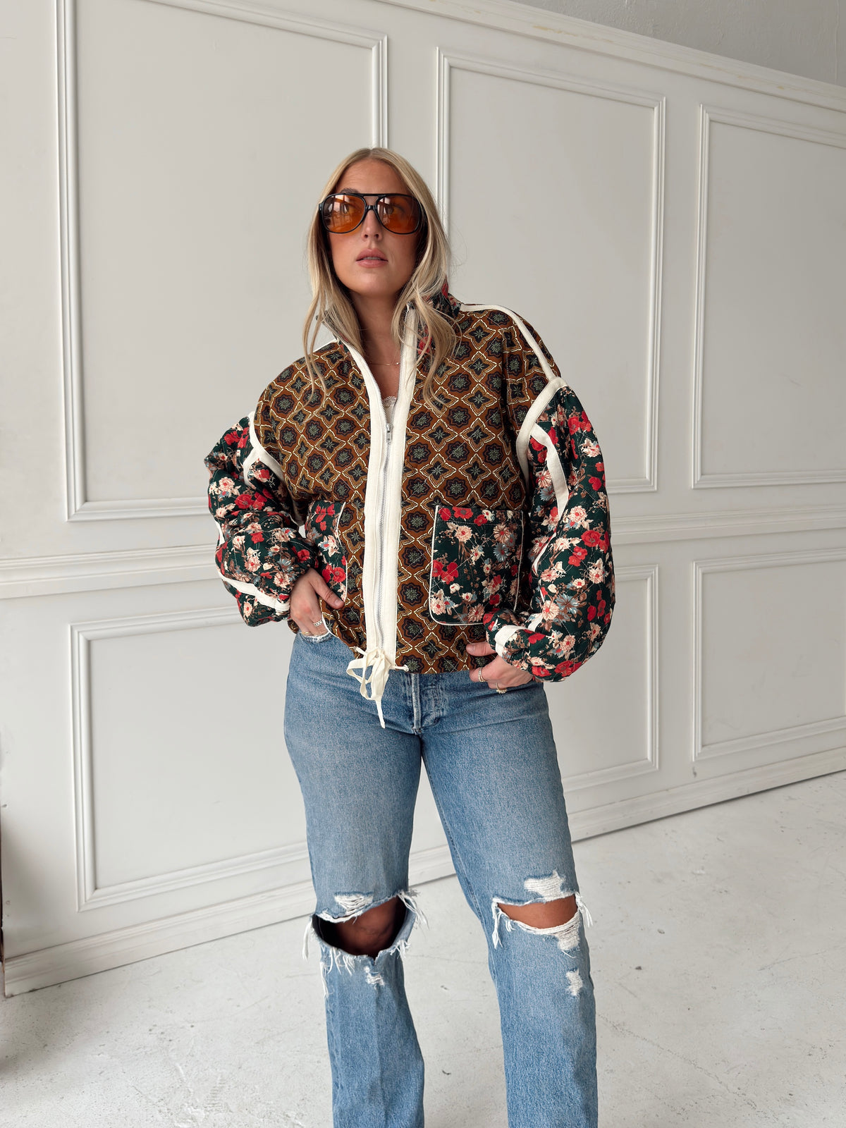 Quinn Quilted Bomber Jacket in Brown