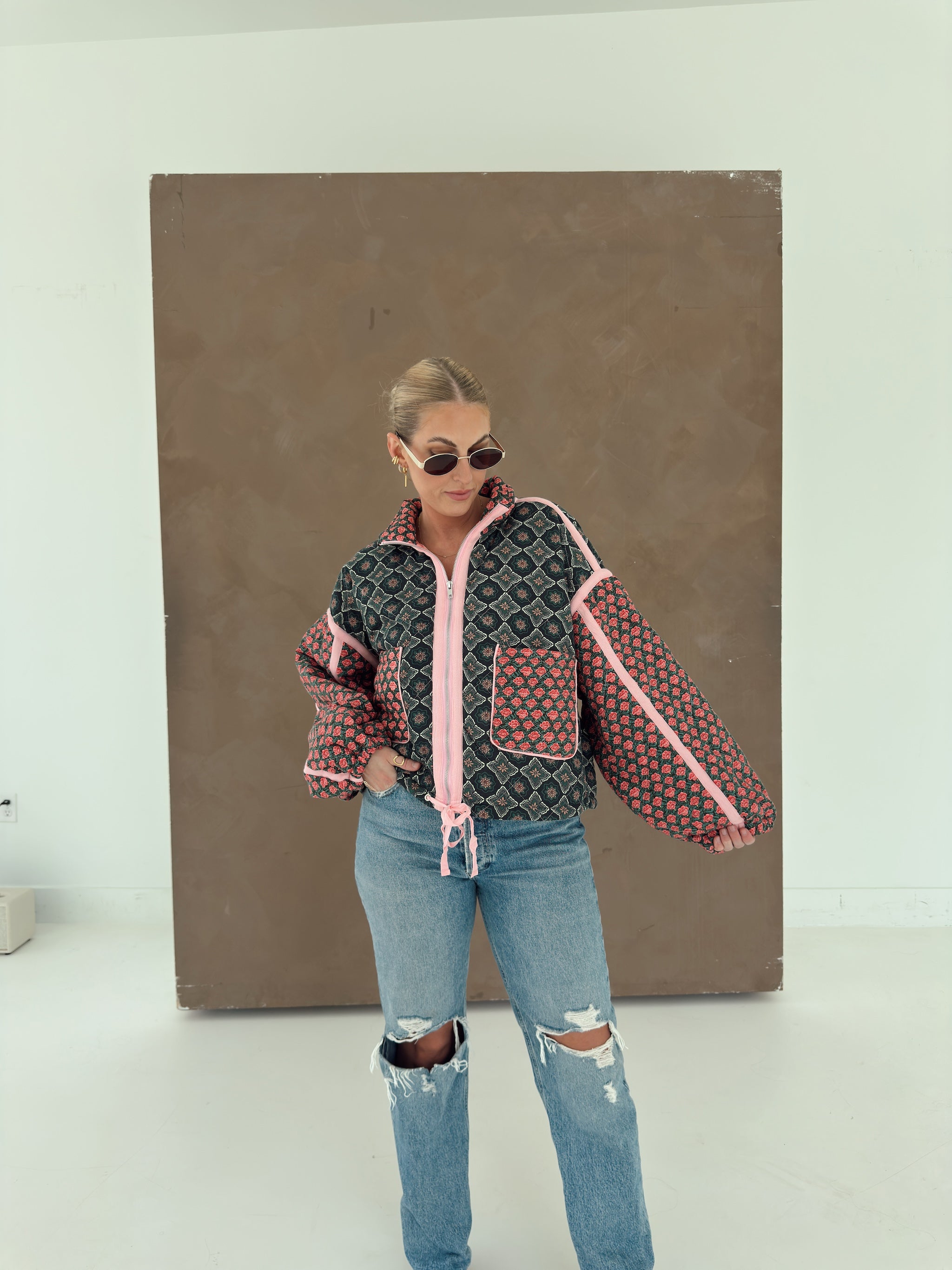 Quinn Quilted Bomber Jacket in Rose Garden