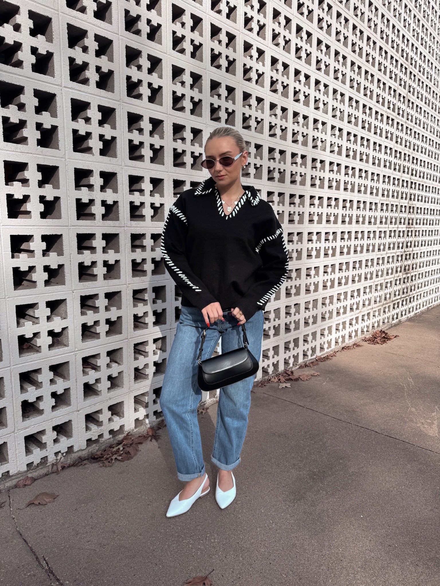 English Factory Stitch Detail Knit Collar Top