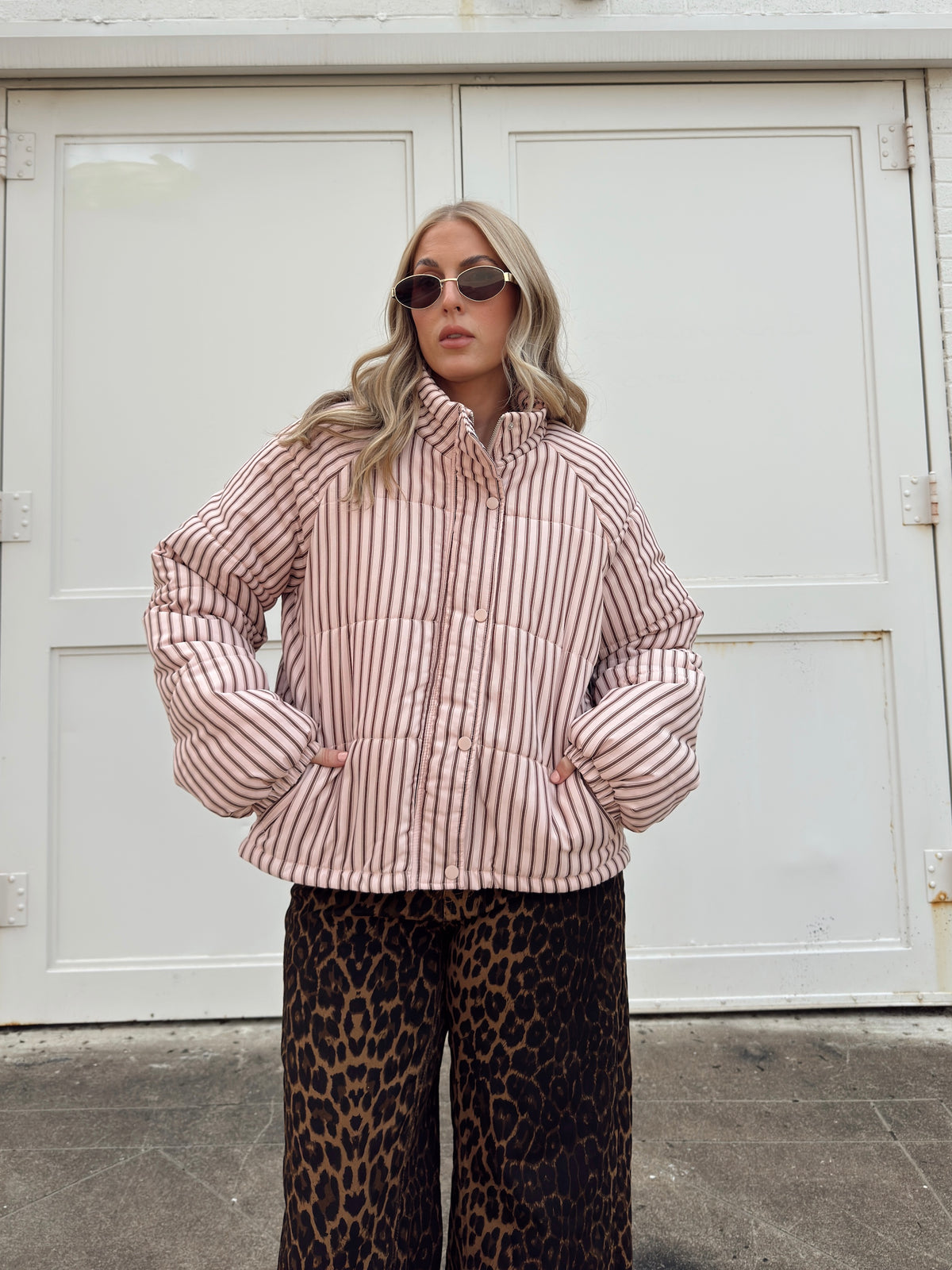 Brown and Blush Striped Puffer Jacket