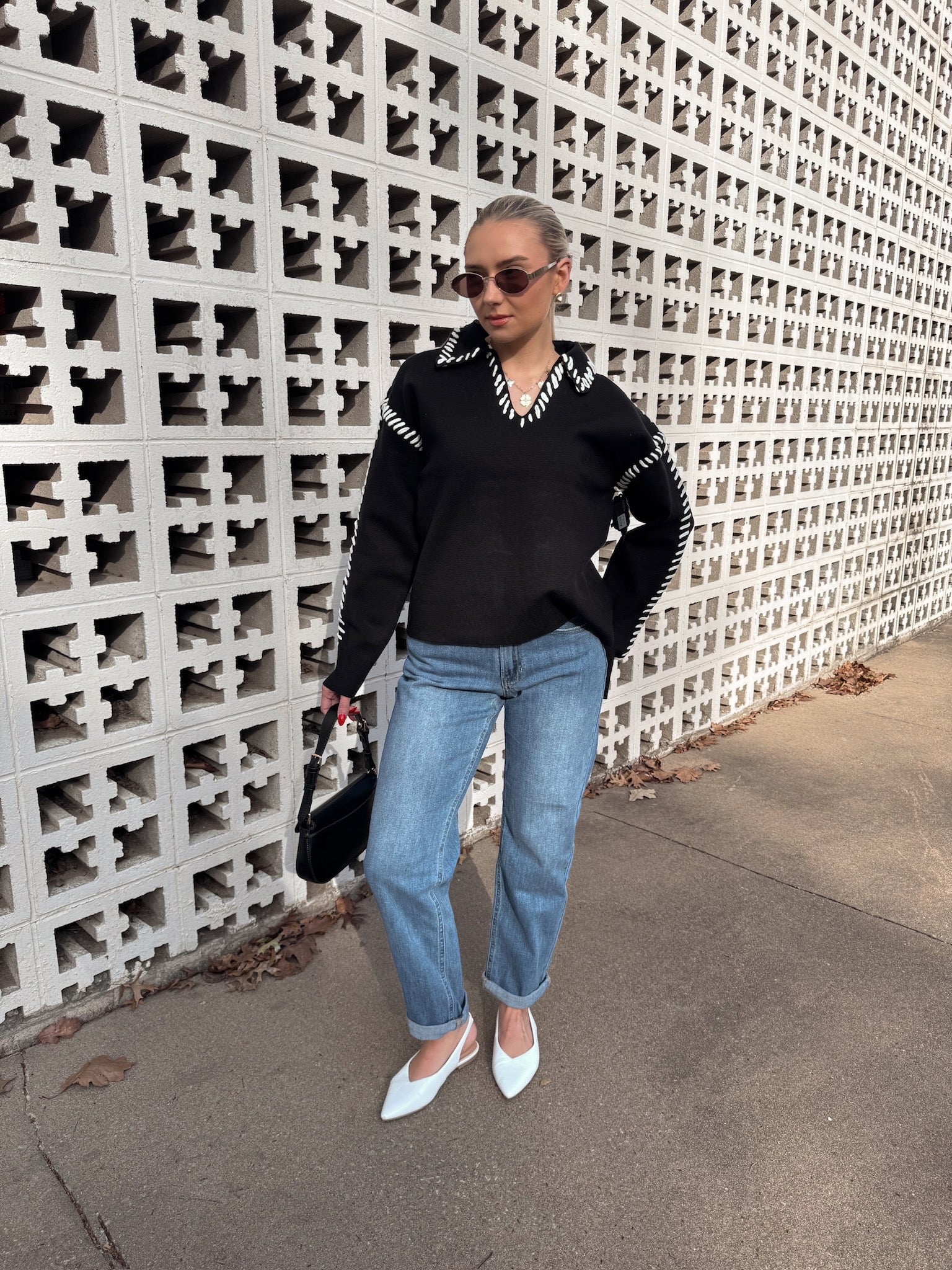 English Factory Stitch Detail Knit Collar Top