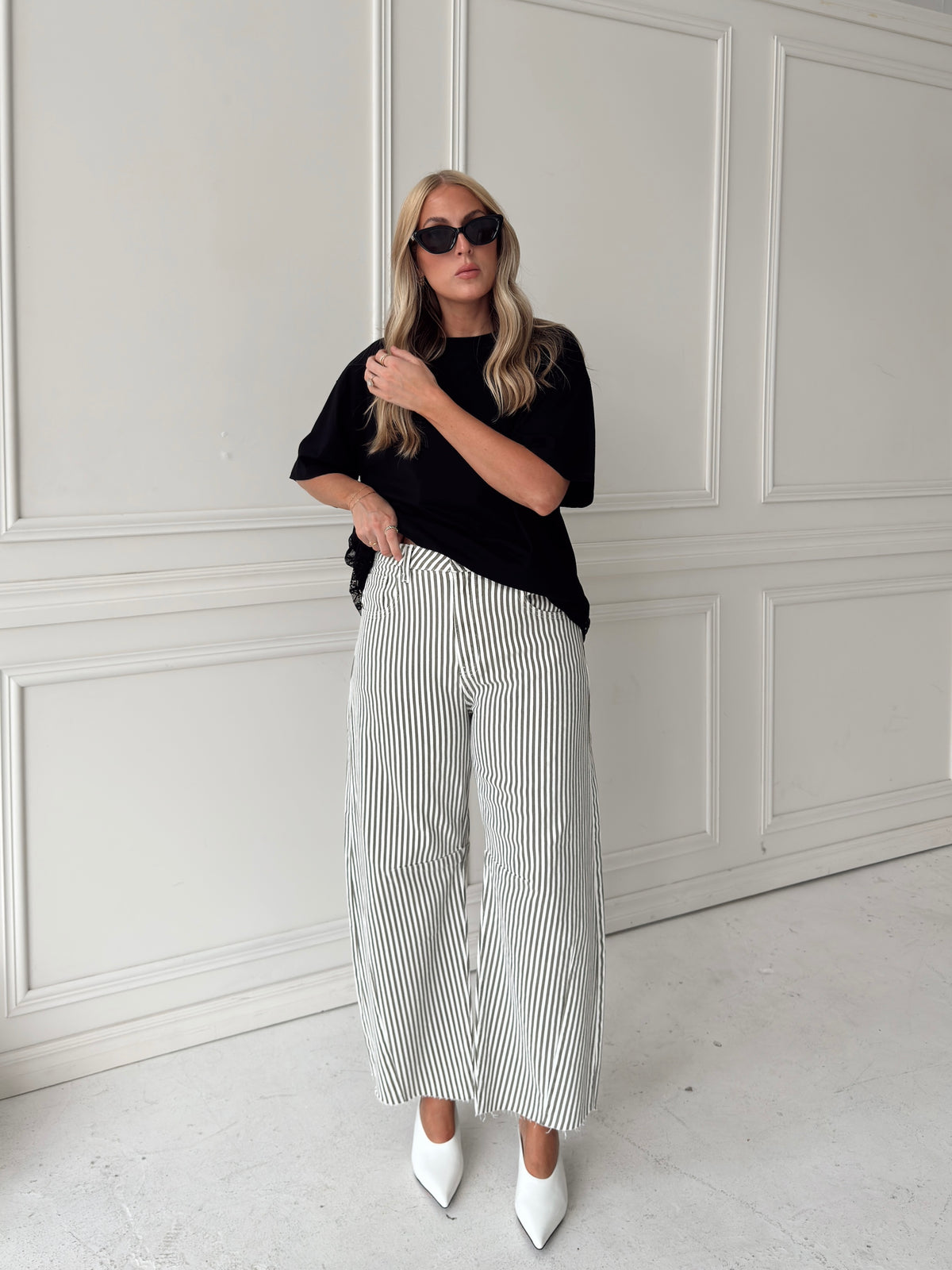 A woman modeling a pair of wide-leg barrel jeans with thin olive and white vertical stripes, paired with a black t-shirt, black sunglasses, and white pointed-toe heels, standing in front of a white paneled wall.