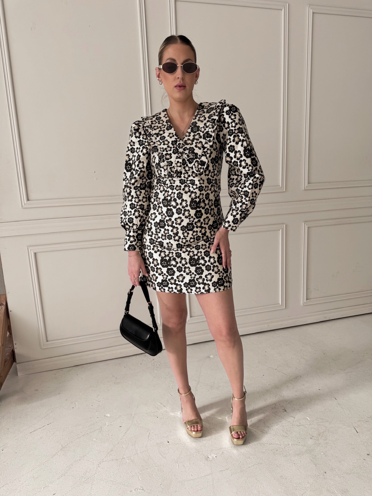 Meet Me in Santorini Black Jacquard Collared Dress