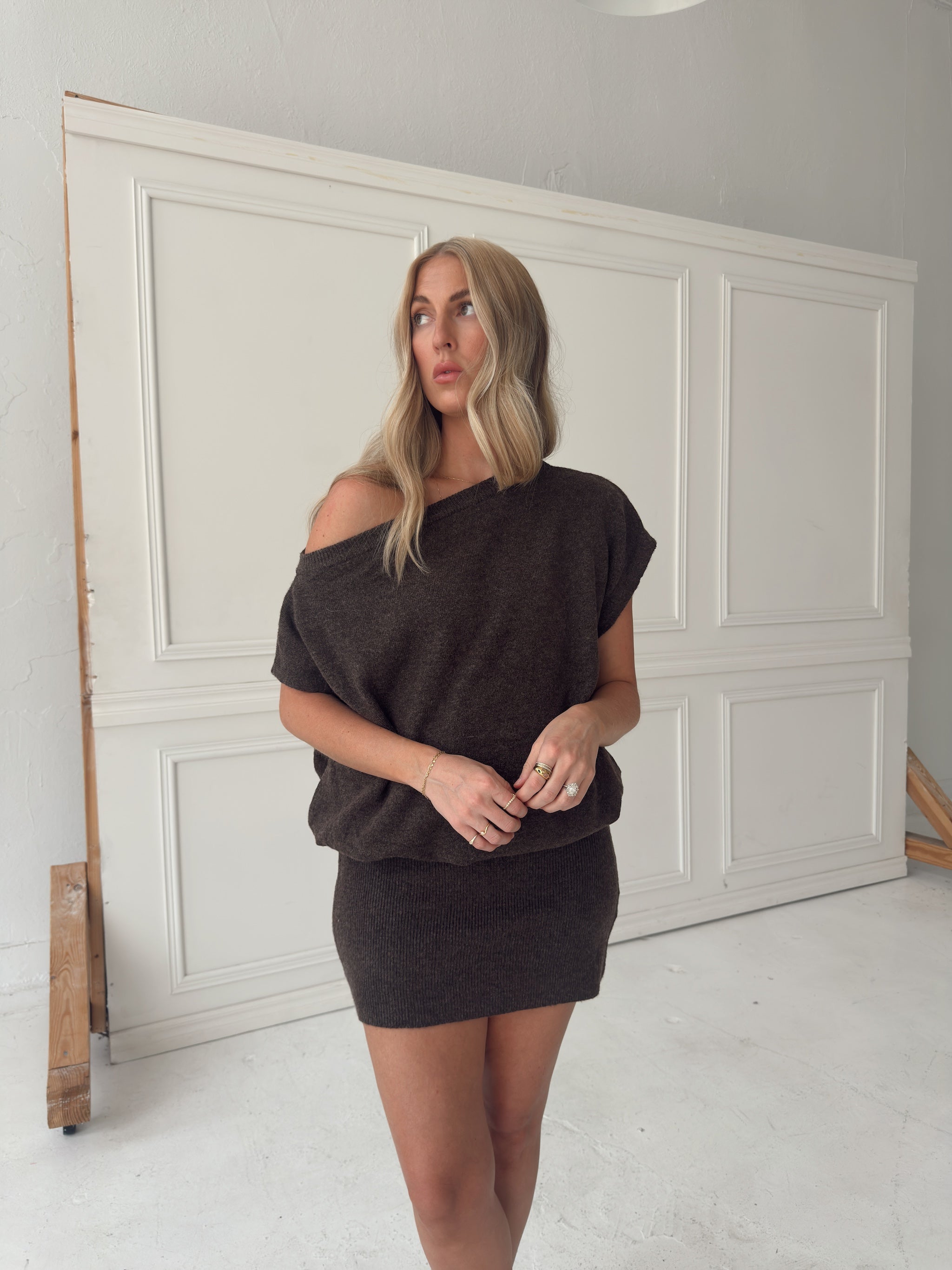 Lauren Off Shoulder Drop Waist Sweater Dress - Brown
