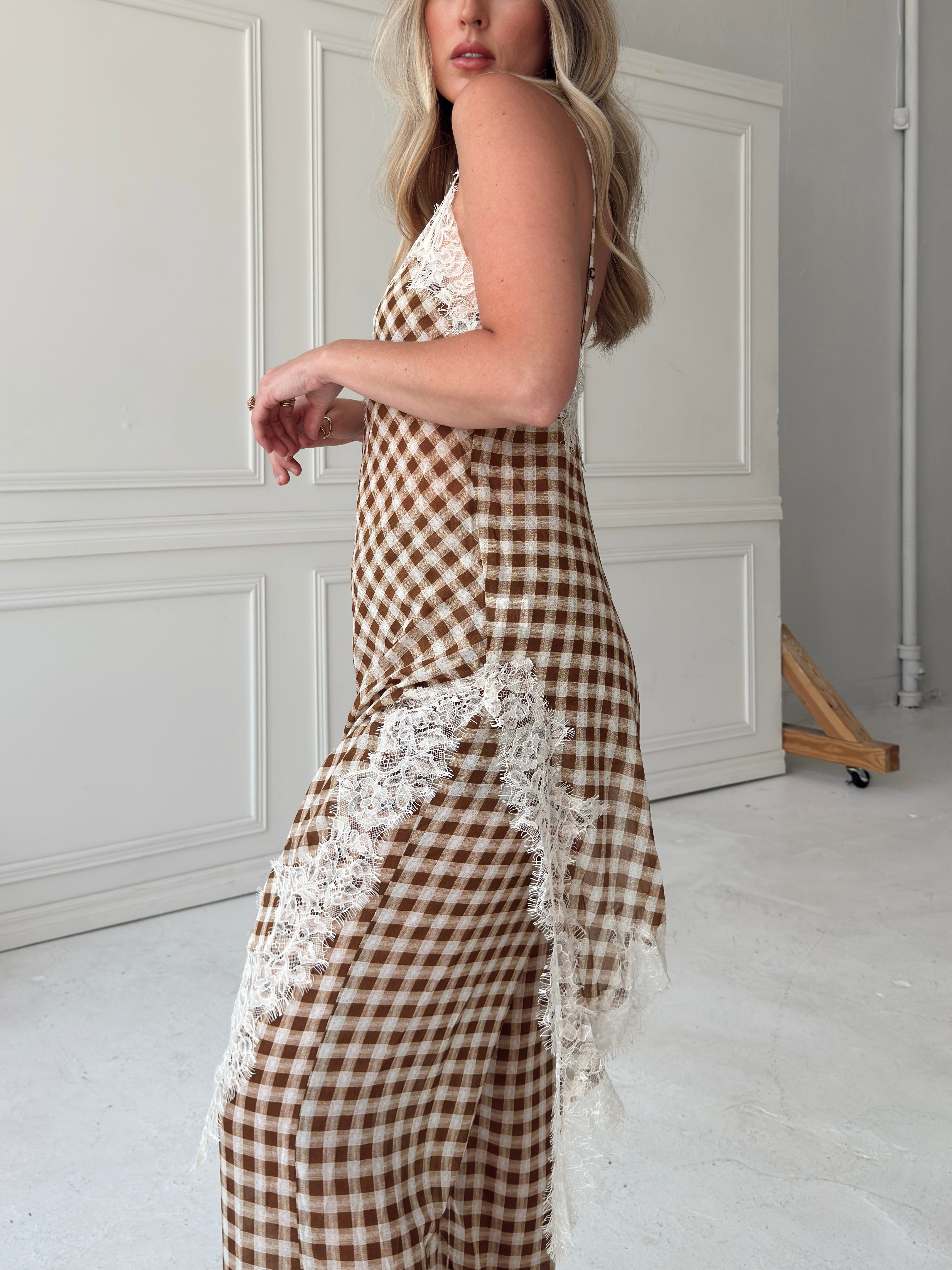 Georgia Gingham Lace Trim Set - Camel