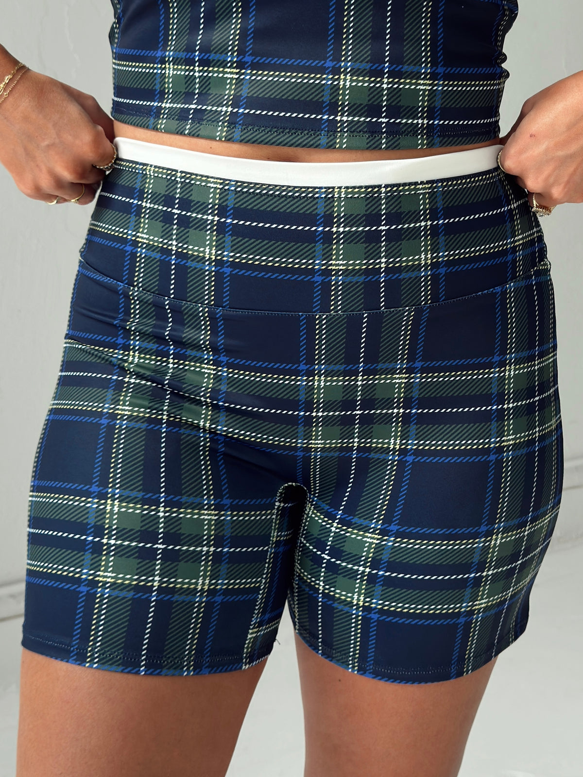 Navy Plaid Biker Shorts