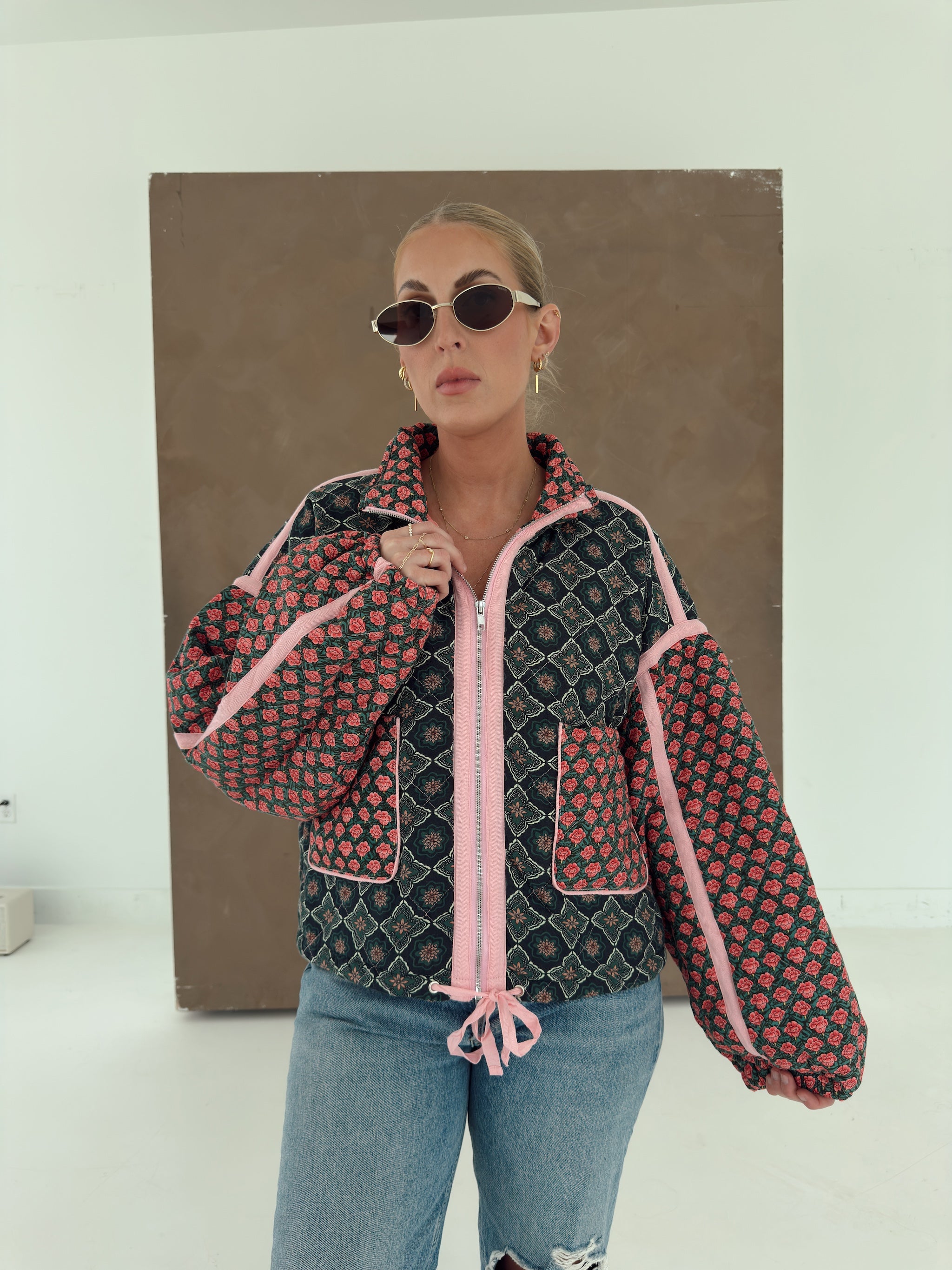 Quinn Quilted Bomber Jacket in Rose Garden