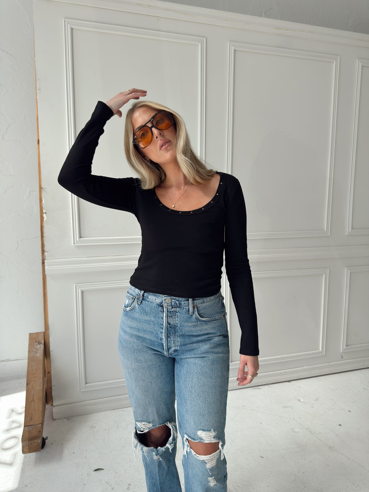 Amelia Studded Long Sleeve Top - Black