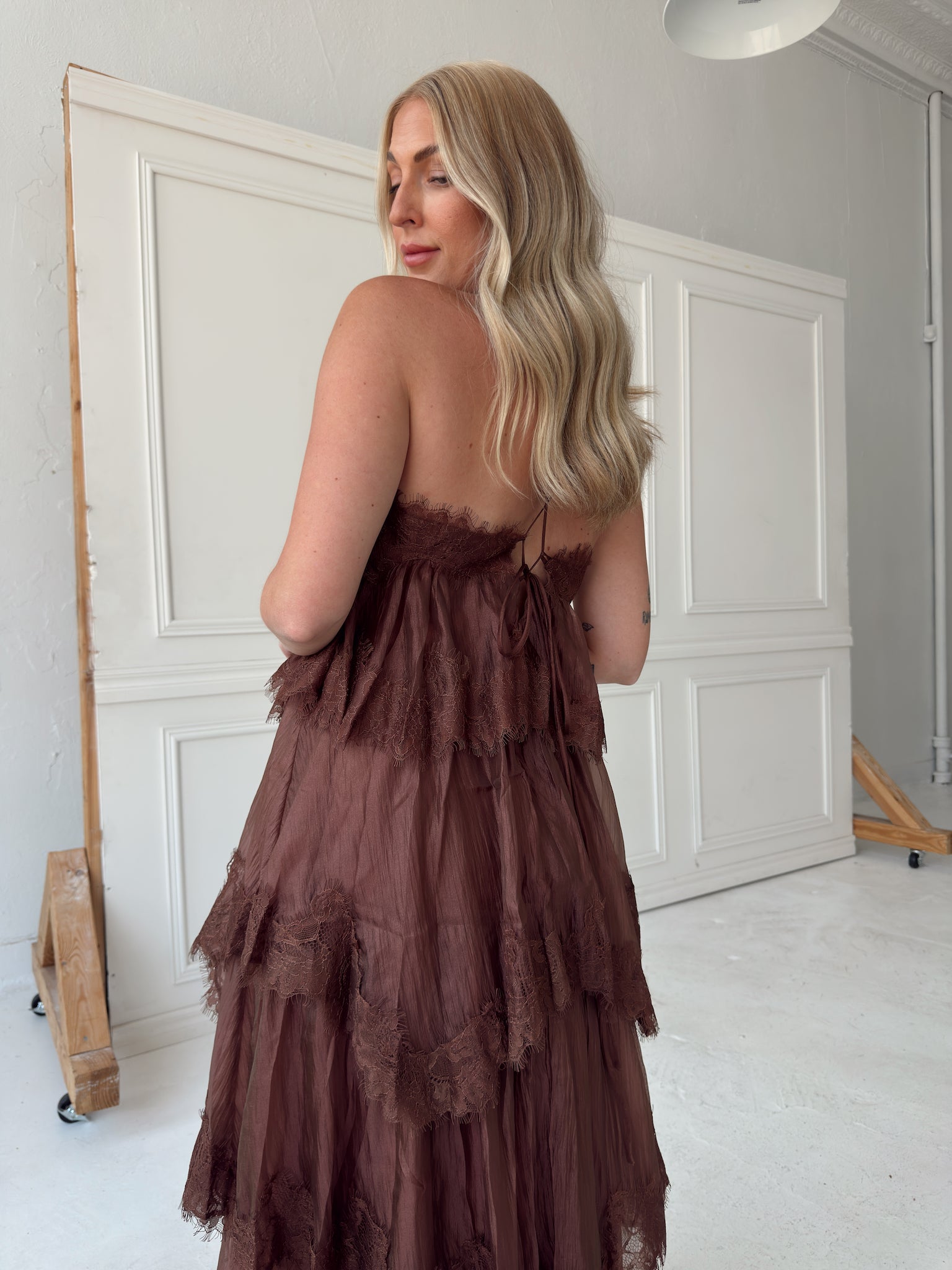 Beulah Style Tiered Lace Trim Maxi Slip Dress