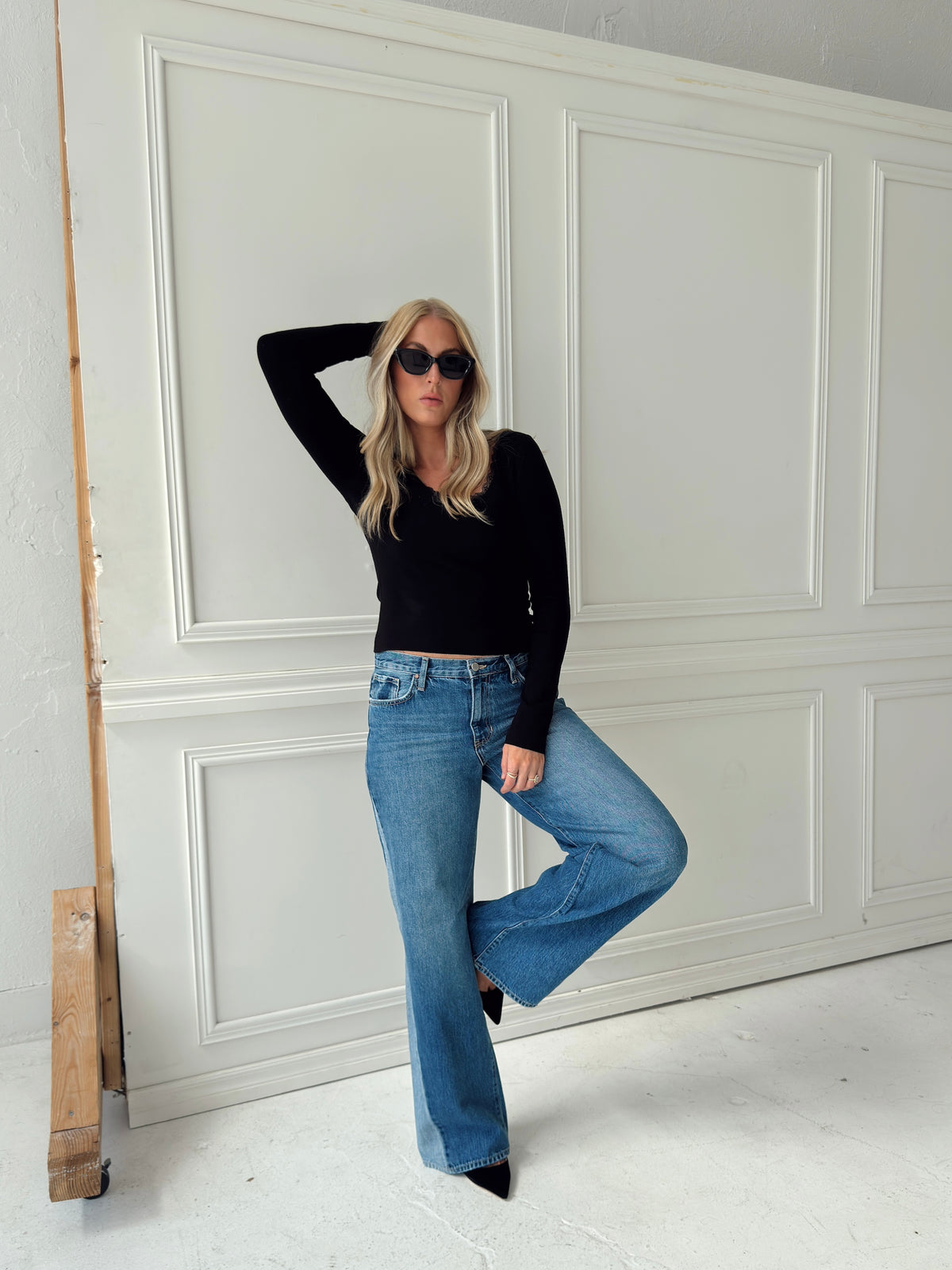 Presley Pointelle Rib Knit Sweater - Black