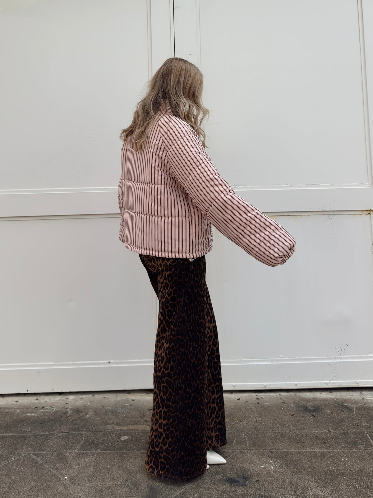 Brown and Blush Striped Puffer Jacket
