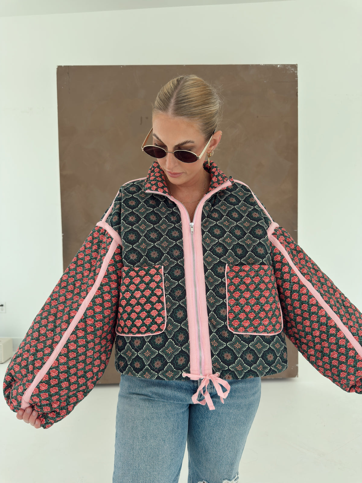 Quinn Quilted Bomber Jacket in Rose Garden
