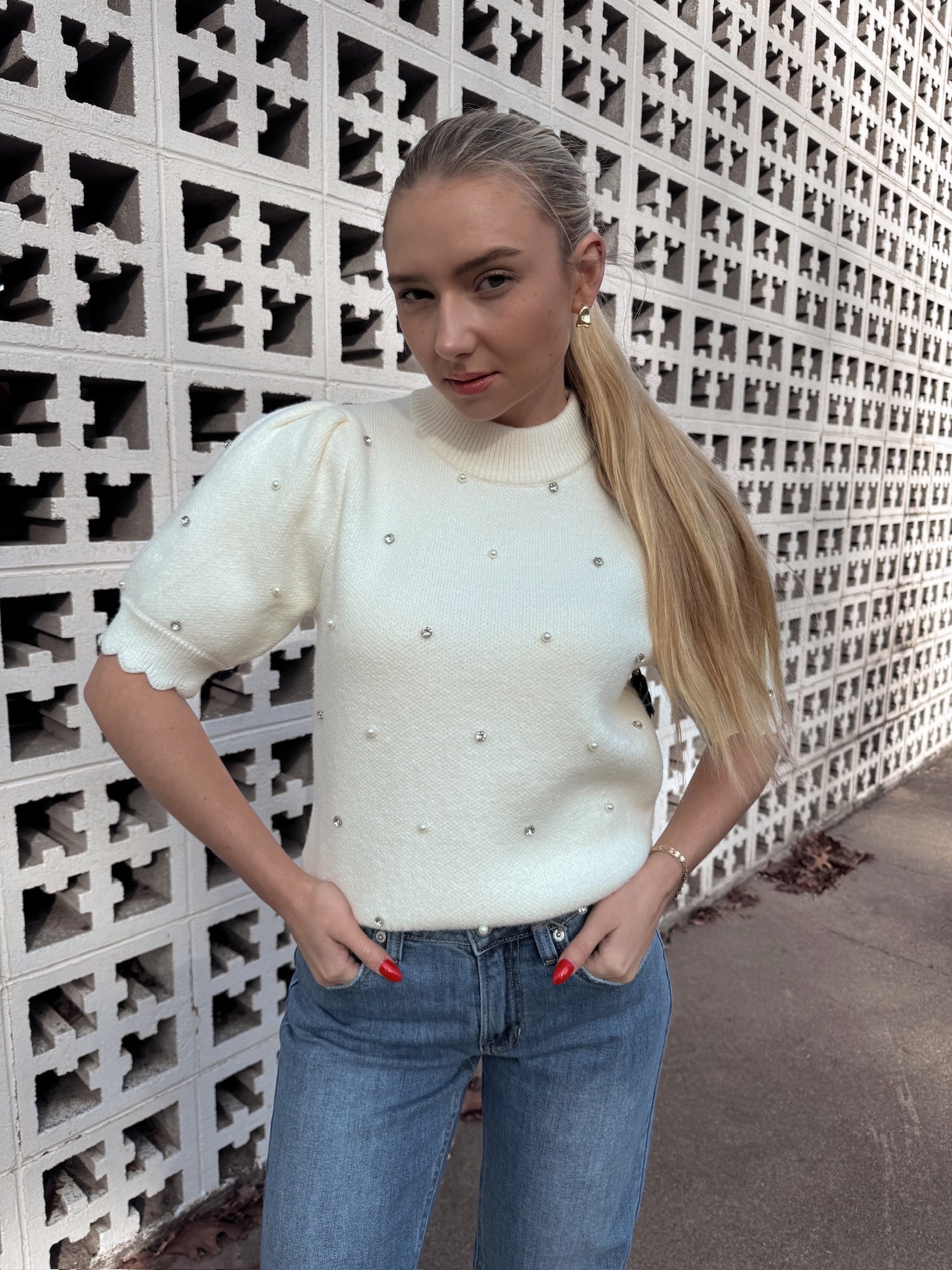 English Factory Scallop Embellishment Sweater