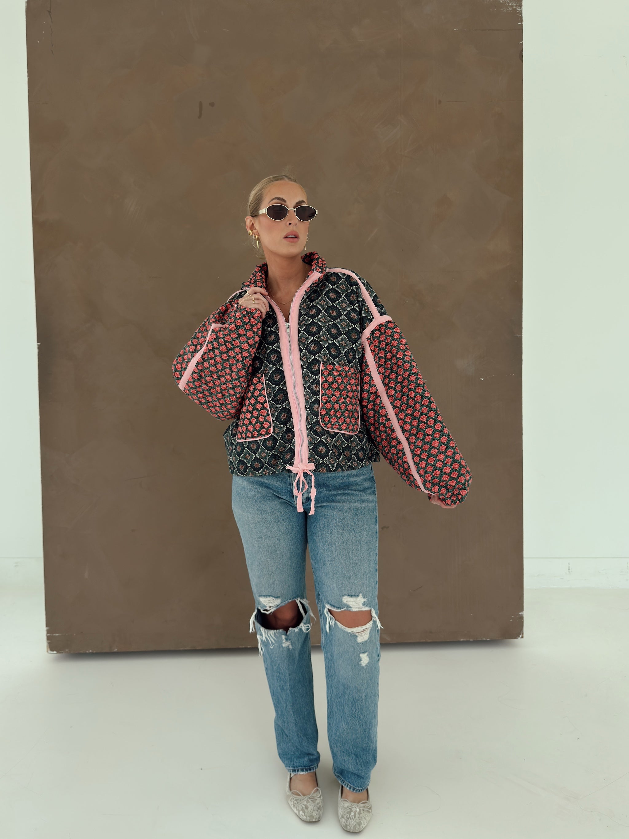 Quinn Quilted Bomber Jacket in Rose Garden