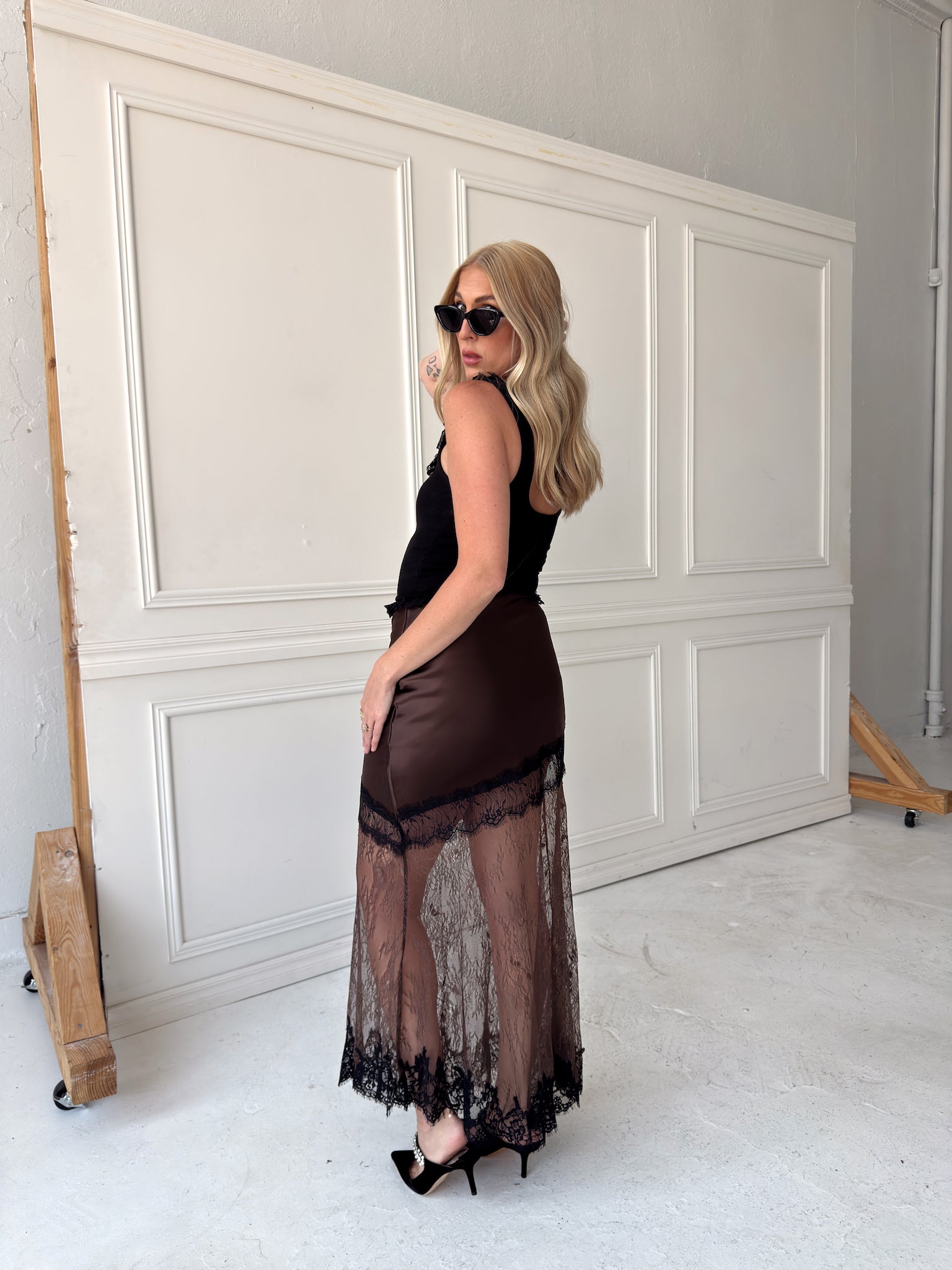 Beulah Style Asymmetrical Satin And Lace Maxi Skirt