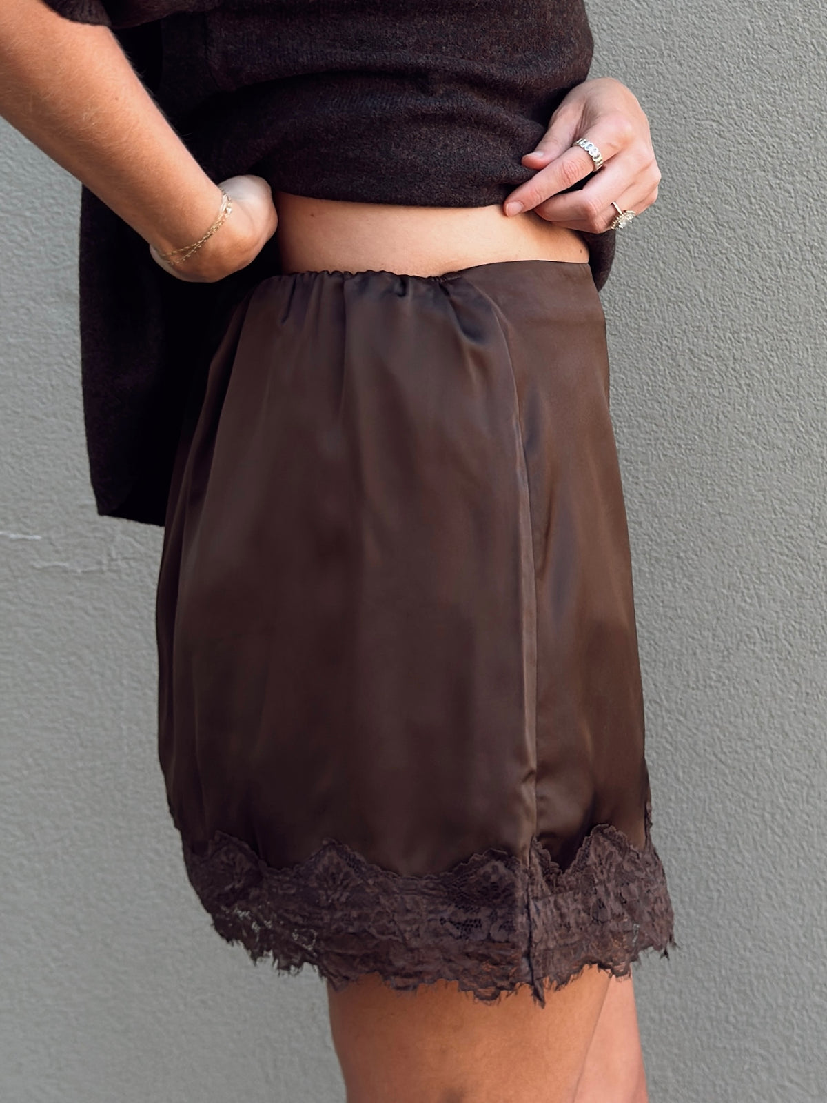Pre-Order Sabrina Lace Trim Mini Skort - Espresso (restock eta 11/15)