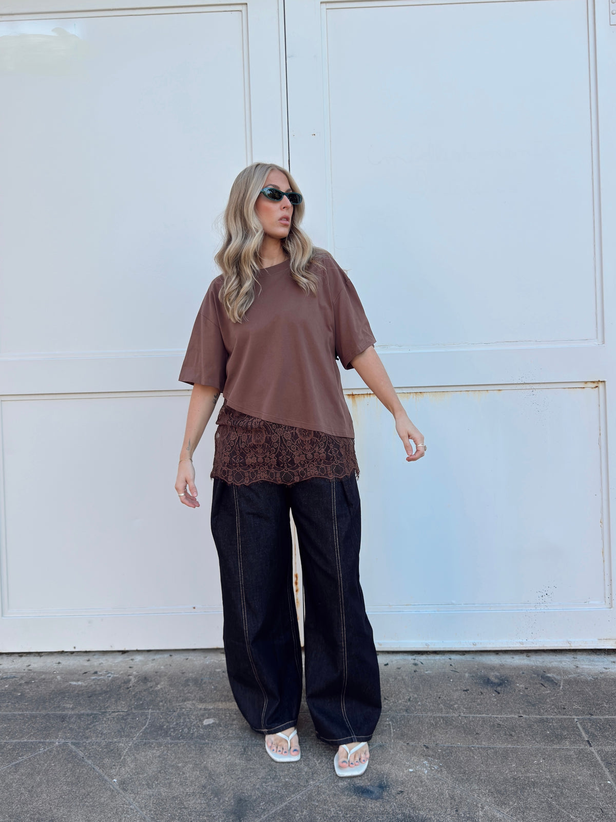 Jacqueline Lace Asymmetrical Tee - Brown
