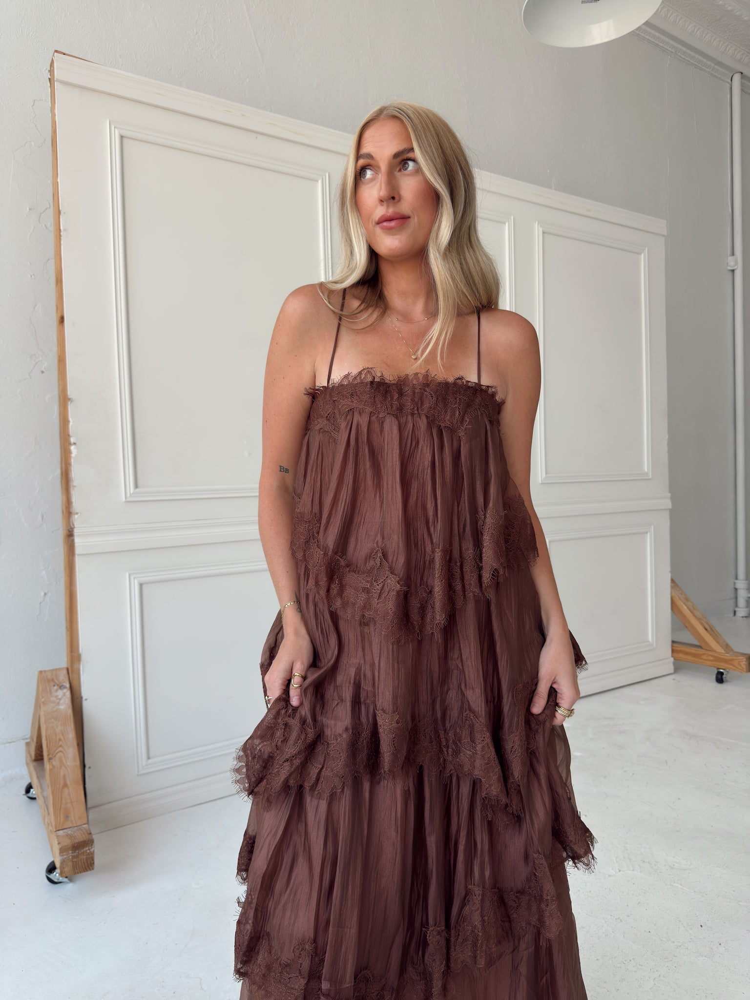 Beulah Style Tiered Lace Trim Maxi Slip Dress
