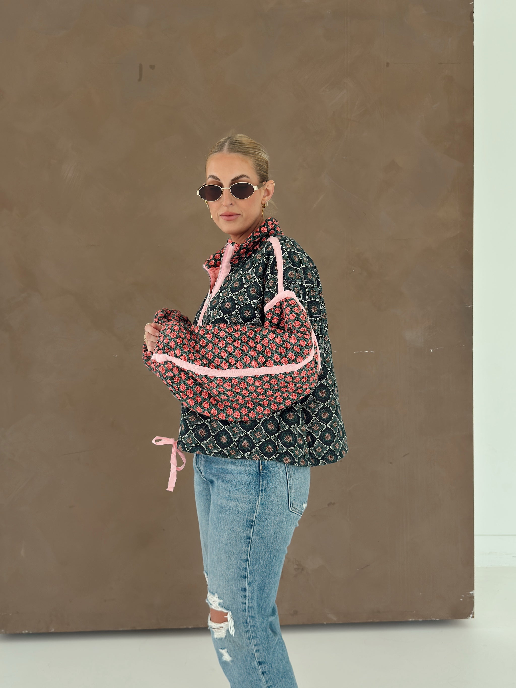 Quinn Quilted Bomber Jacket in Rose Garden