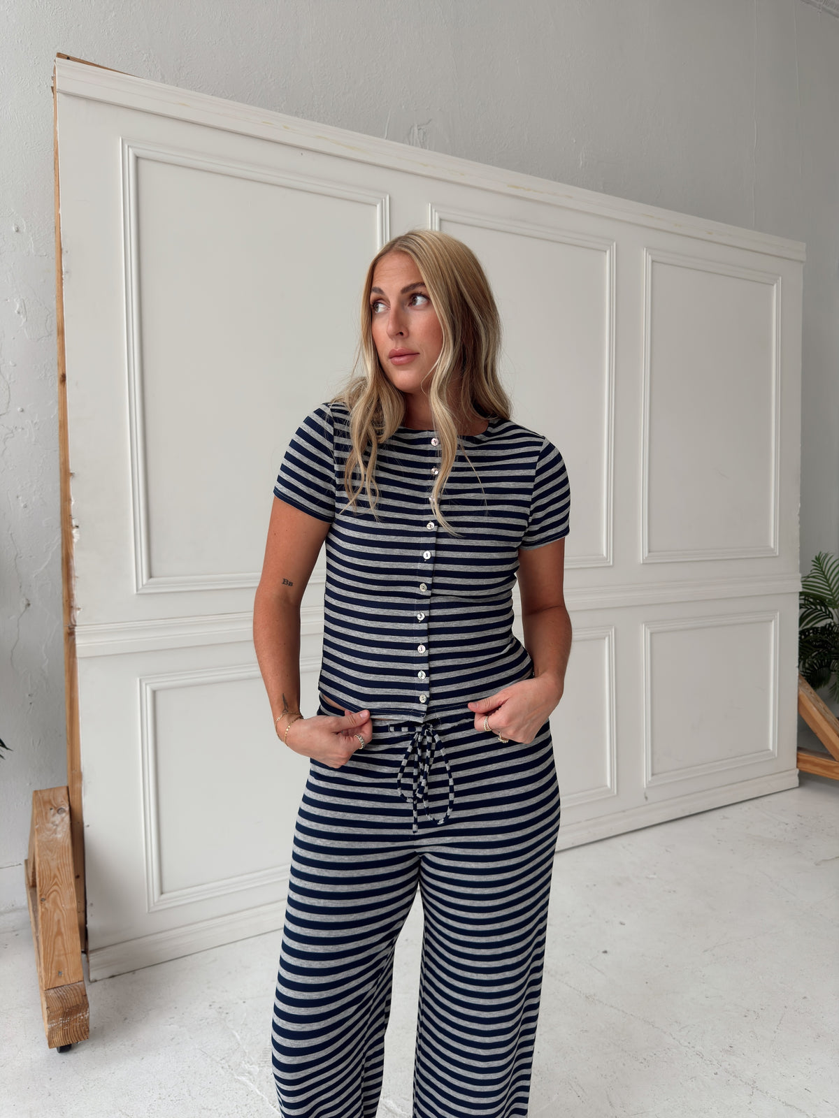 Brady Striped Button Up Top - Navy/Grey