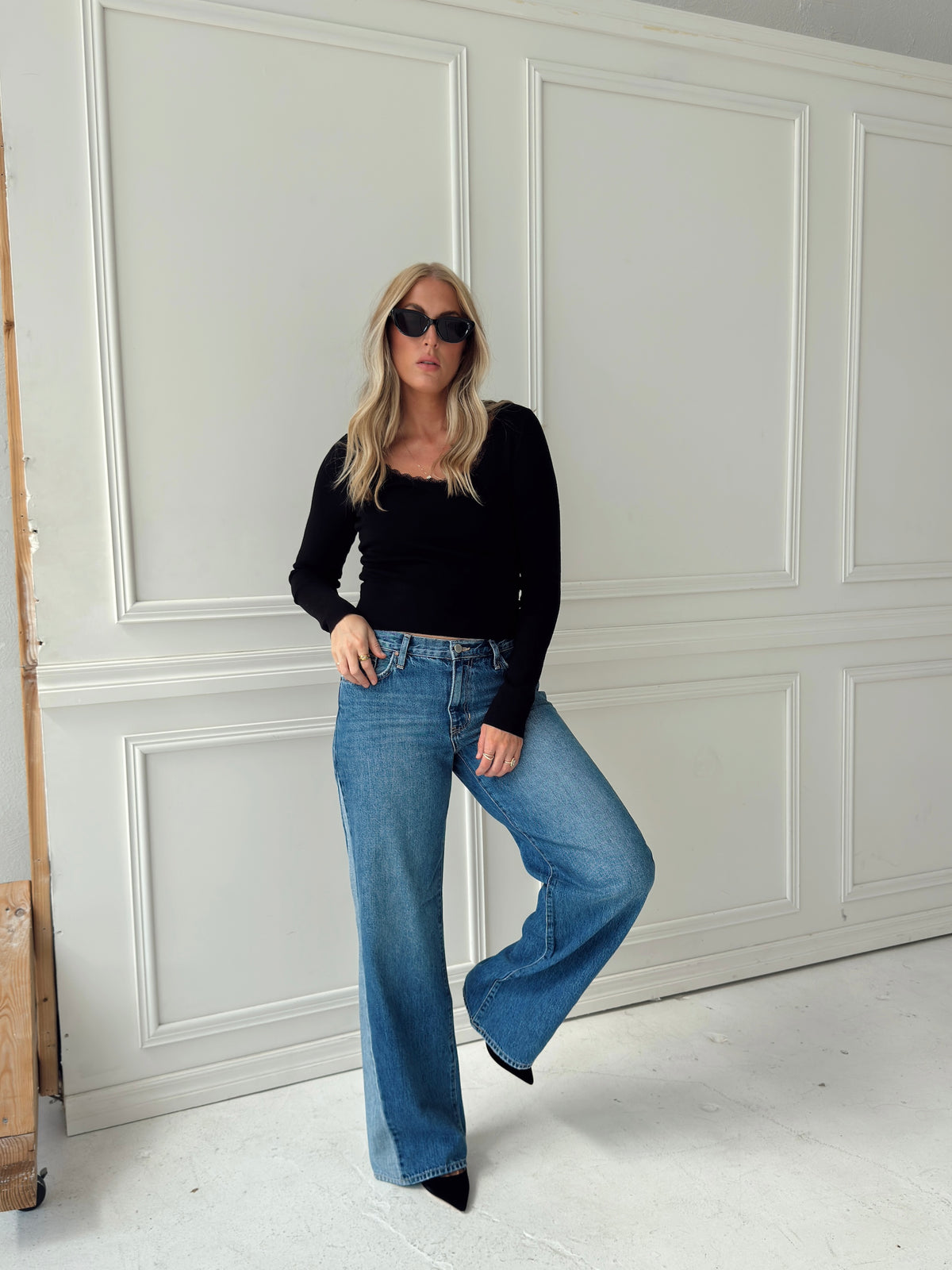 Presley Pointelle Rib Knit Sweater - Black