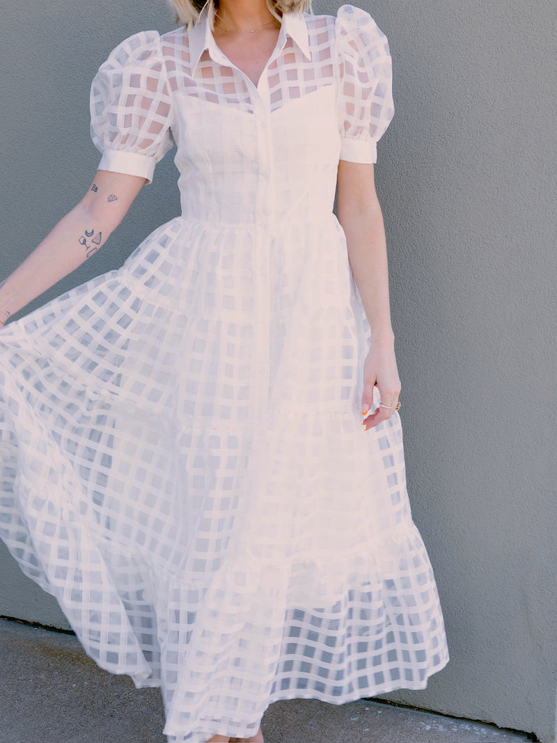 English Factory White Gridded Organza Tiered Maxi Dress