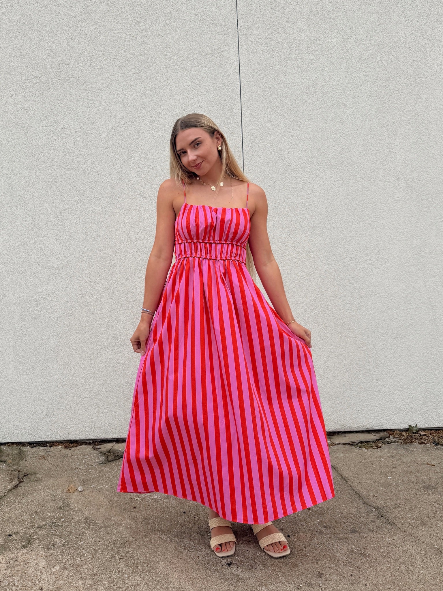 English Factory Striped Smocked Waist Midi Dress - Pink/Red