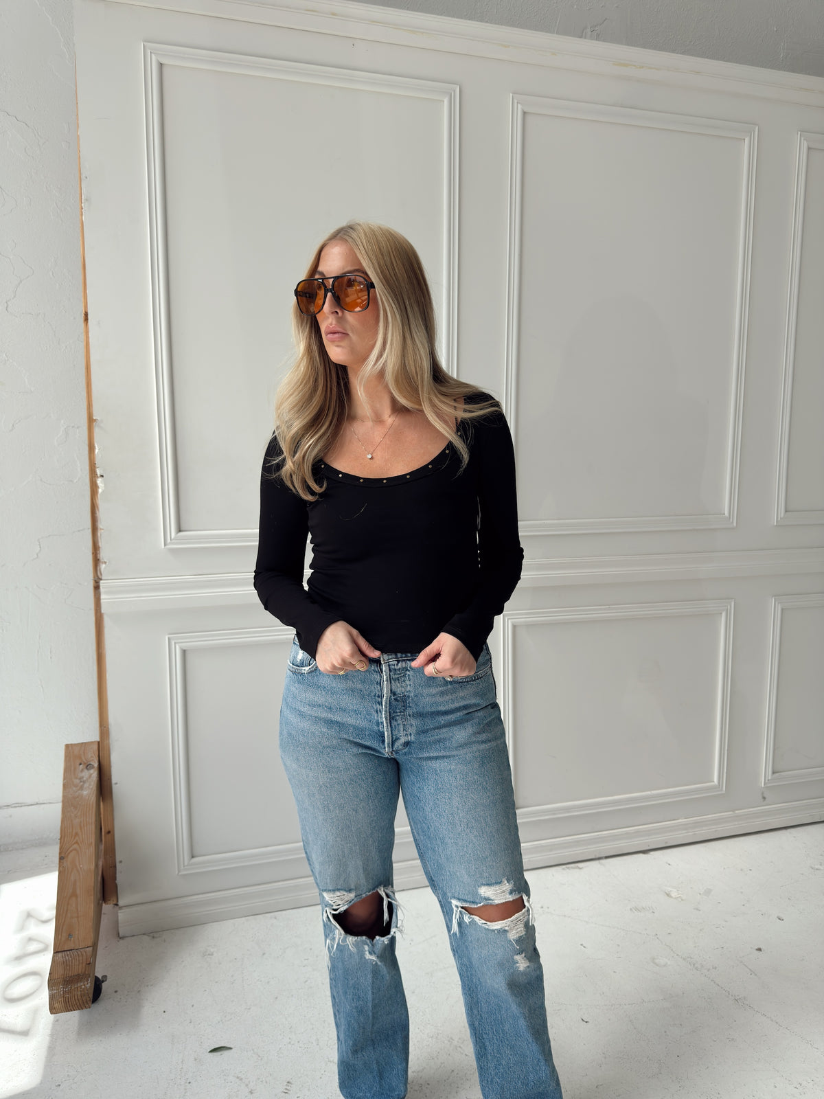Amelia Studded Long Sleeve Top - Black