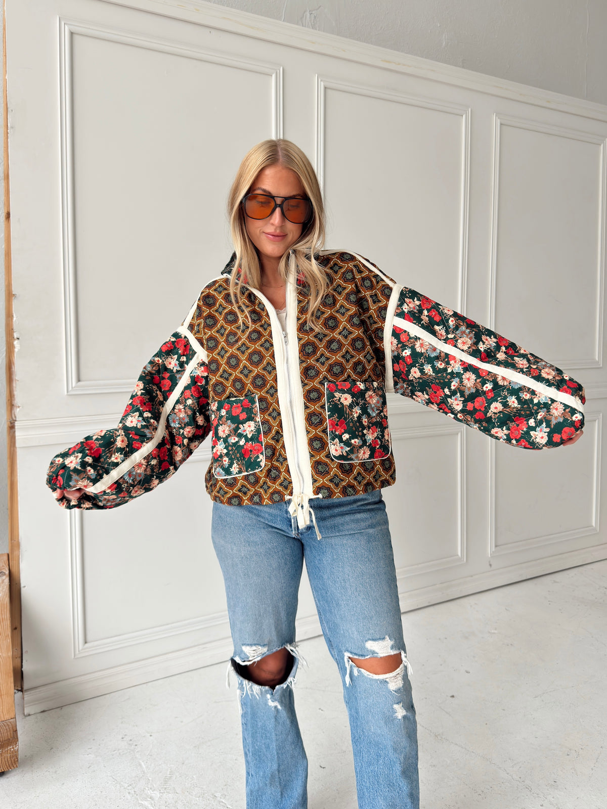 Quinn Quilted Bomber Jacket in Brown