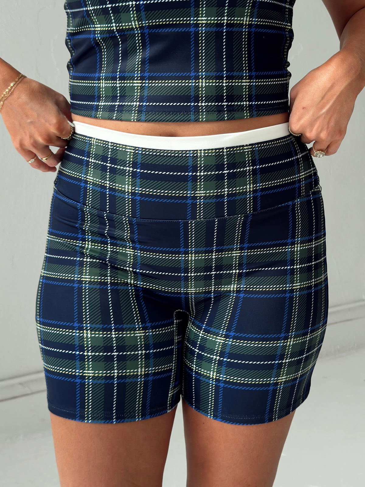 Navy Plaid Biker Shorts