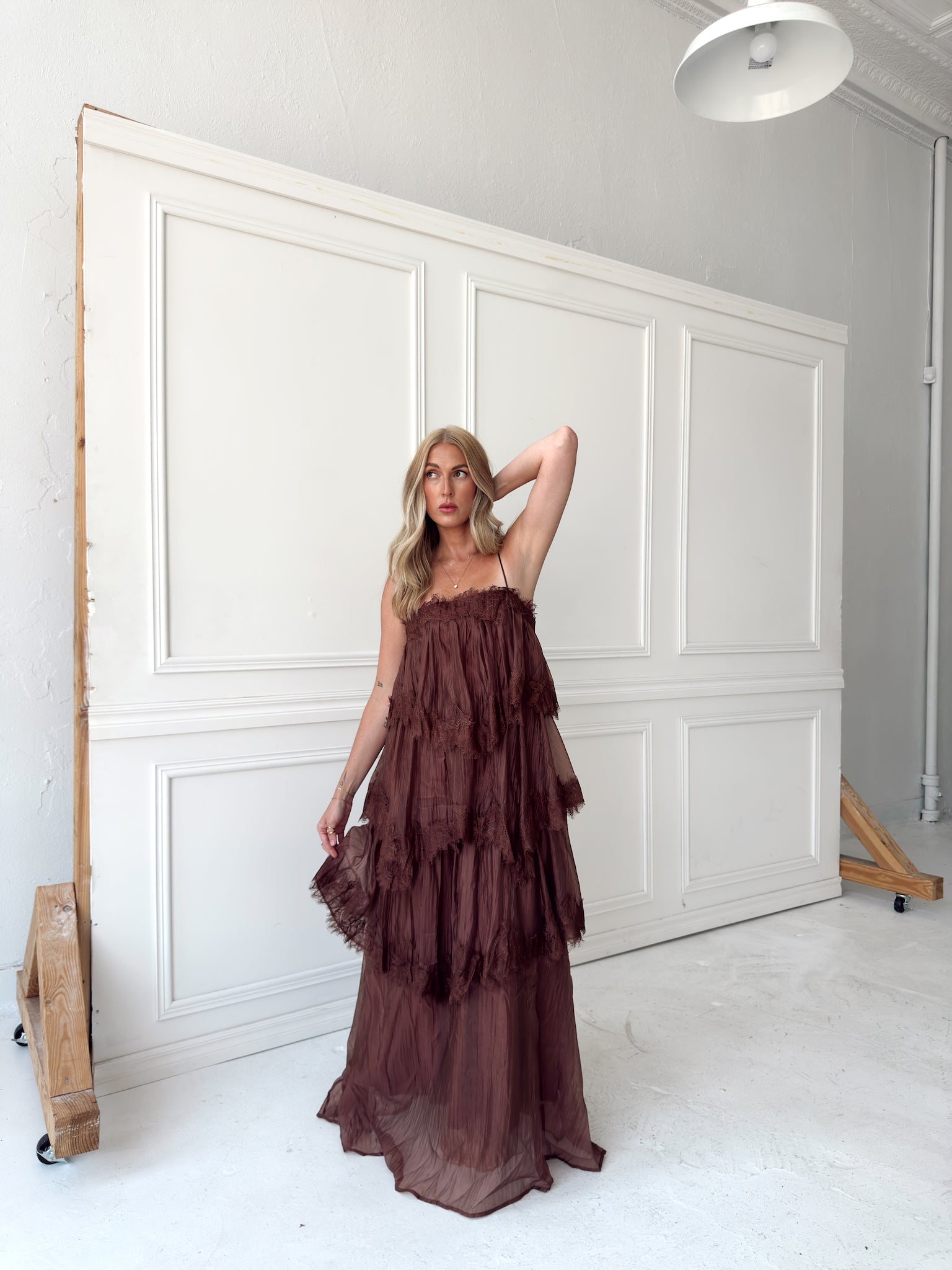 Beulah Style Tiered Lace Trim Maxi Slip Dress
